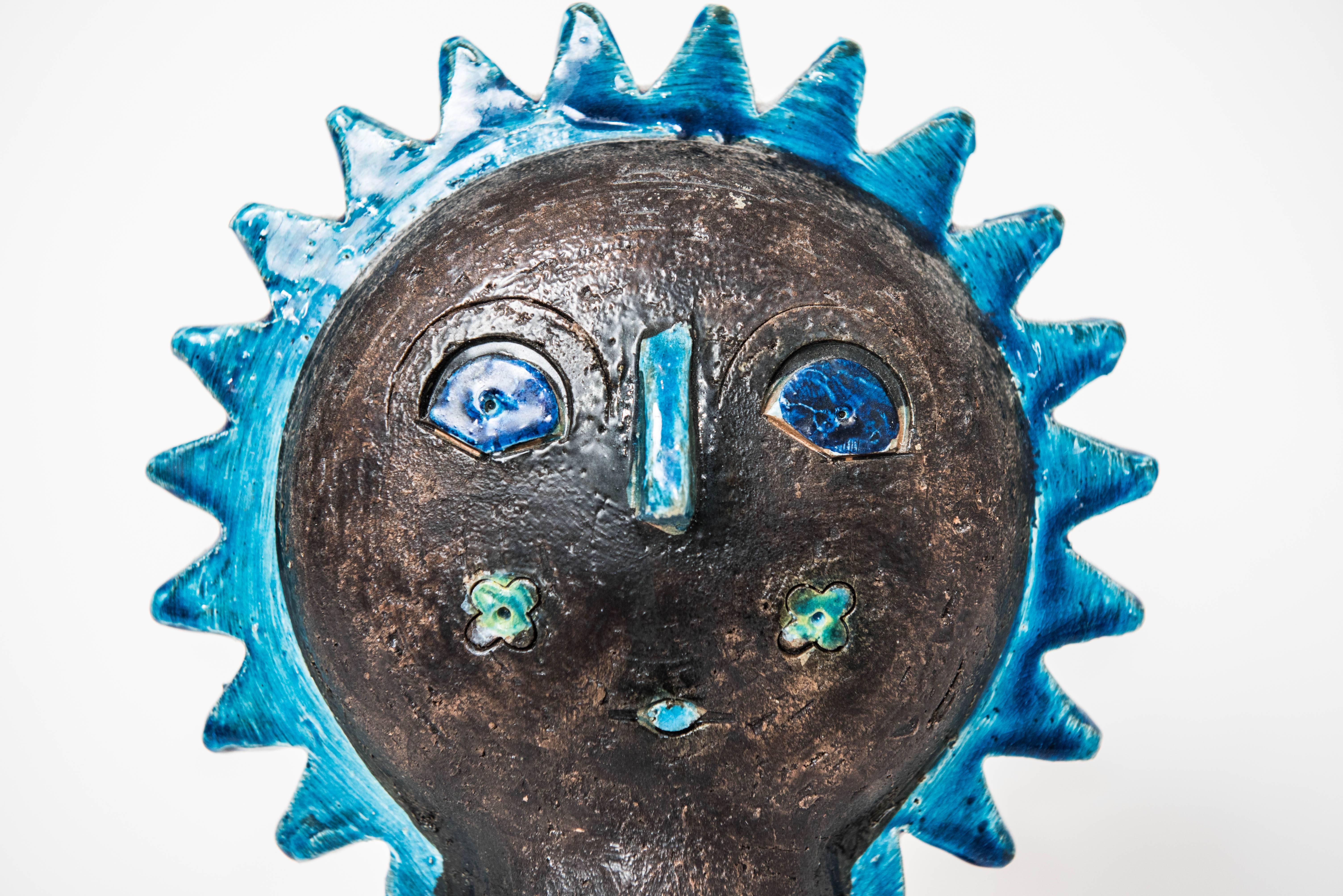 Aldo Londi blue and brown glazed double sided sun head for Bitossi.