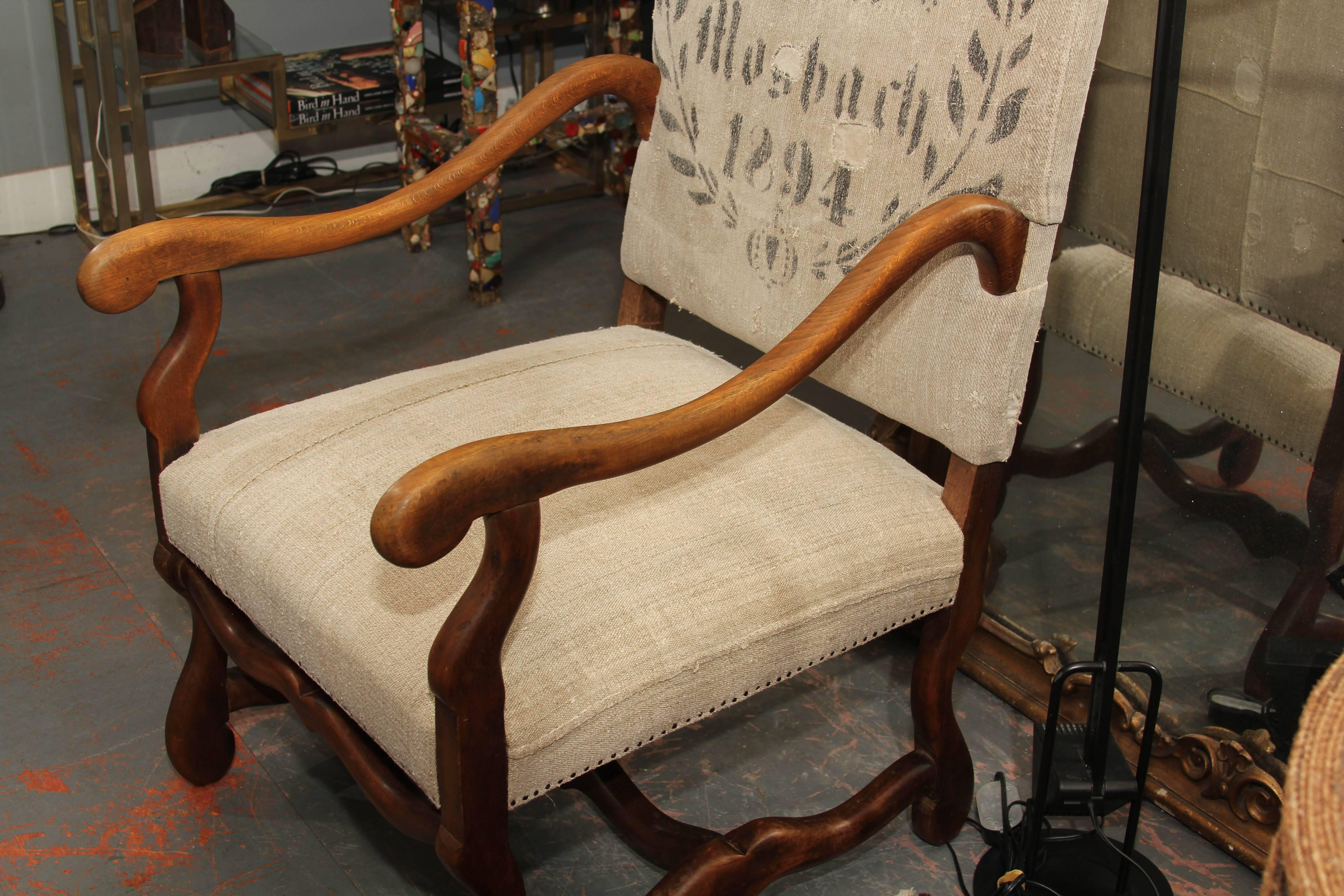 19th Century French Carved Wood Armchair in Homespun In Good Condition In Seattle, WA