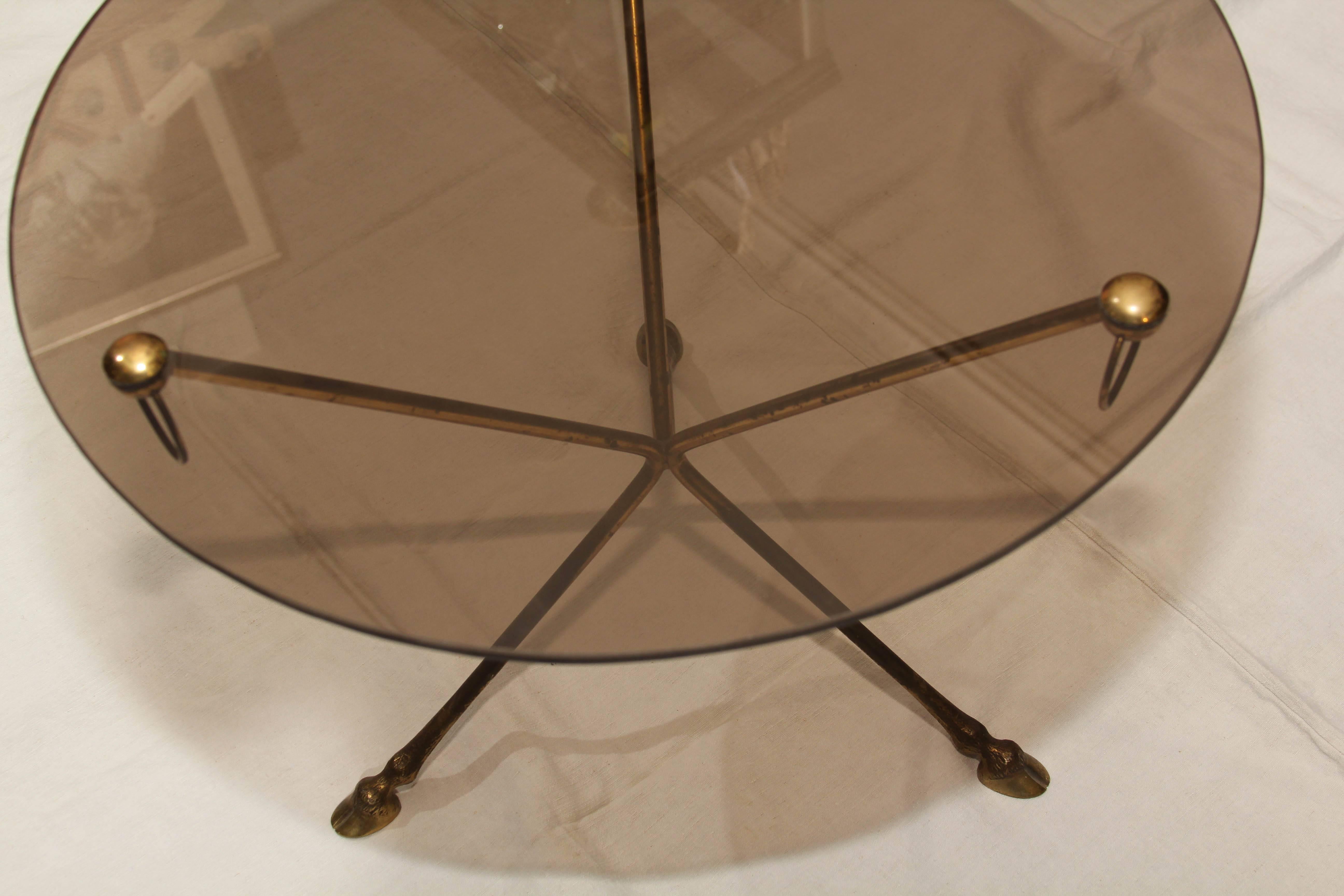 Midcentury French Glass and Brass Tripod Table with Deer-Hoof  1
