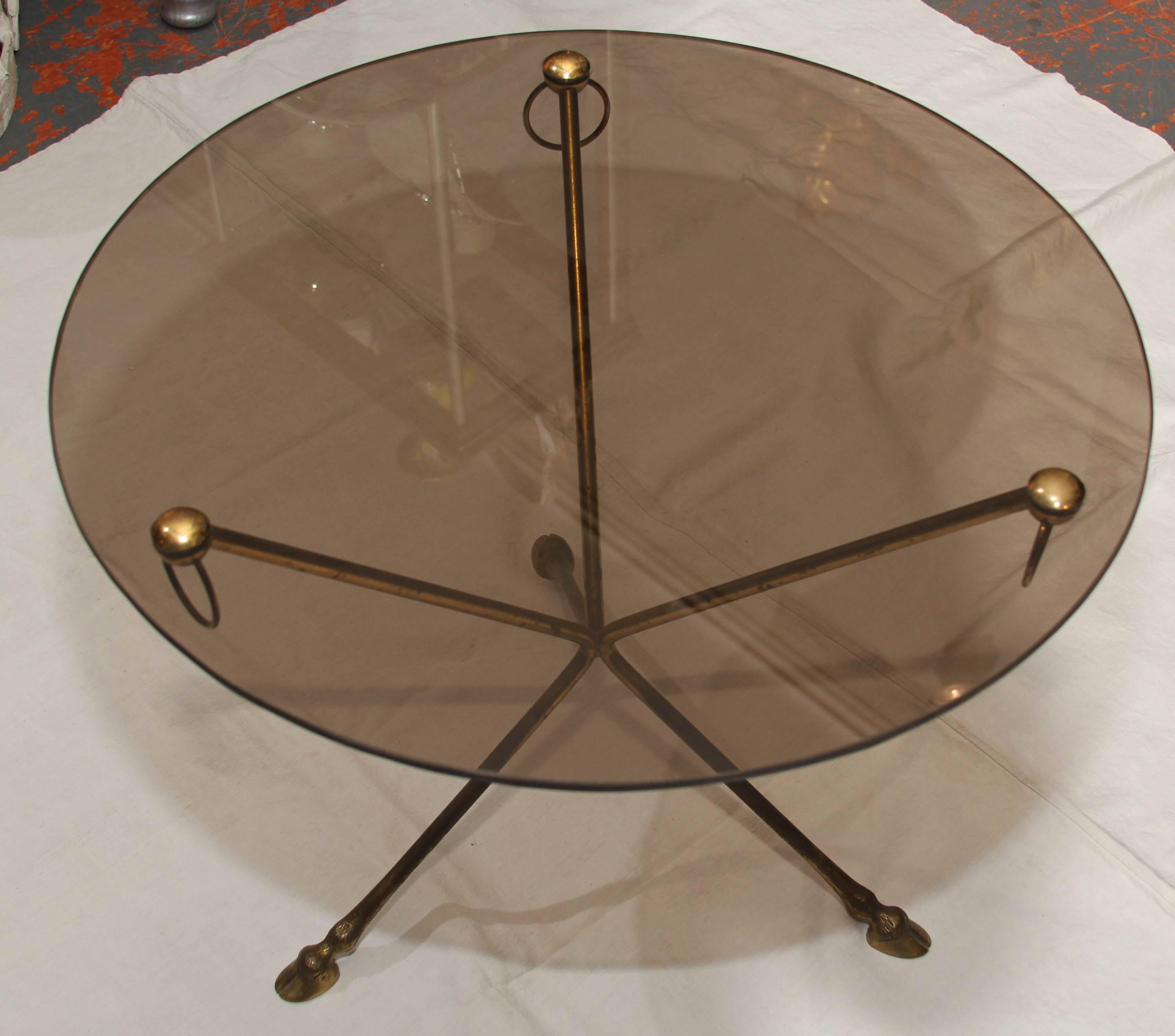 Midcentury French Glass and Brass Tripod Table with Deer-Hoof 2