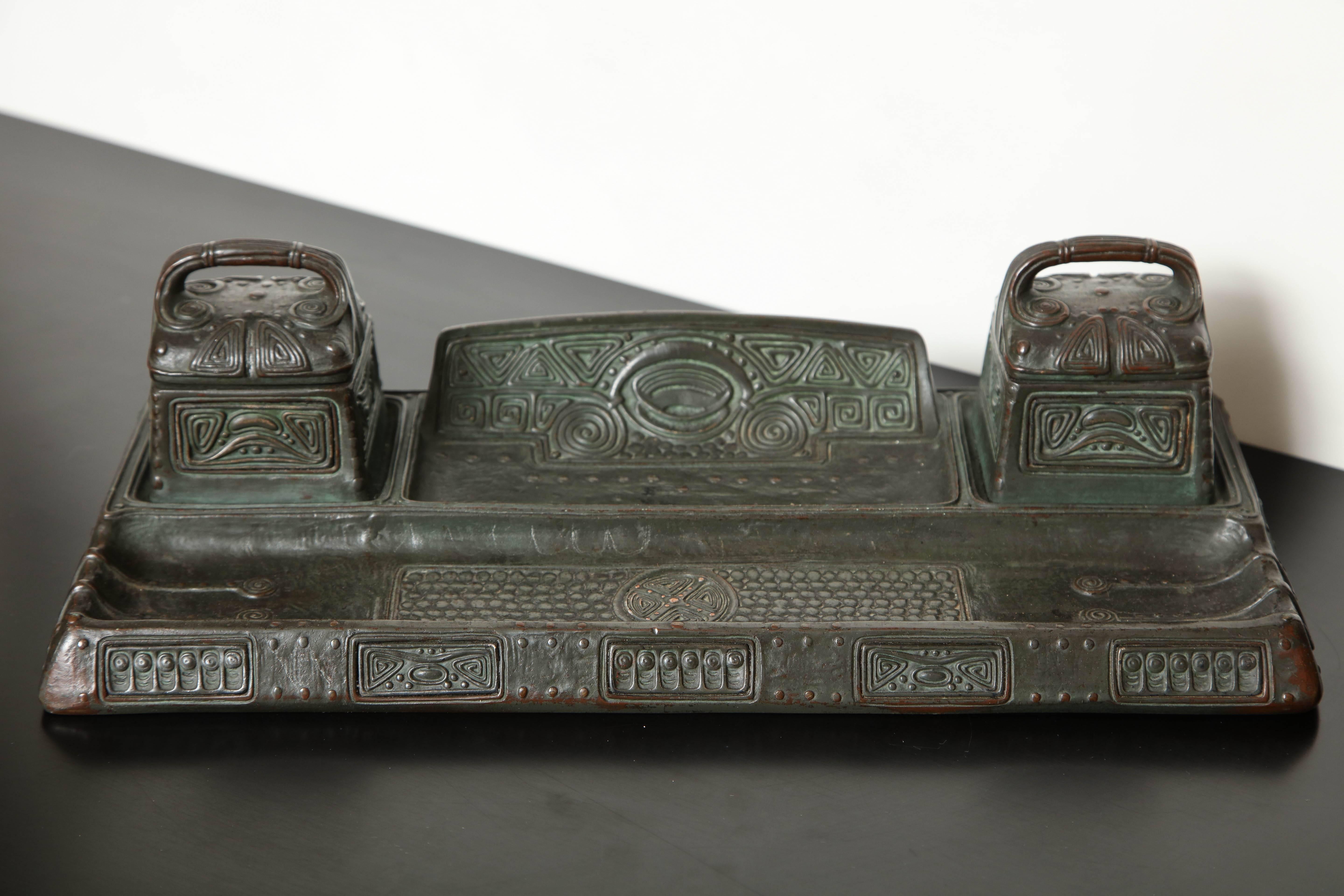 Art Nouveau Double Bronze Inkwell/Pentray by Gustav Gurschner made in Austria For Sale