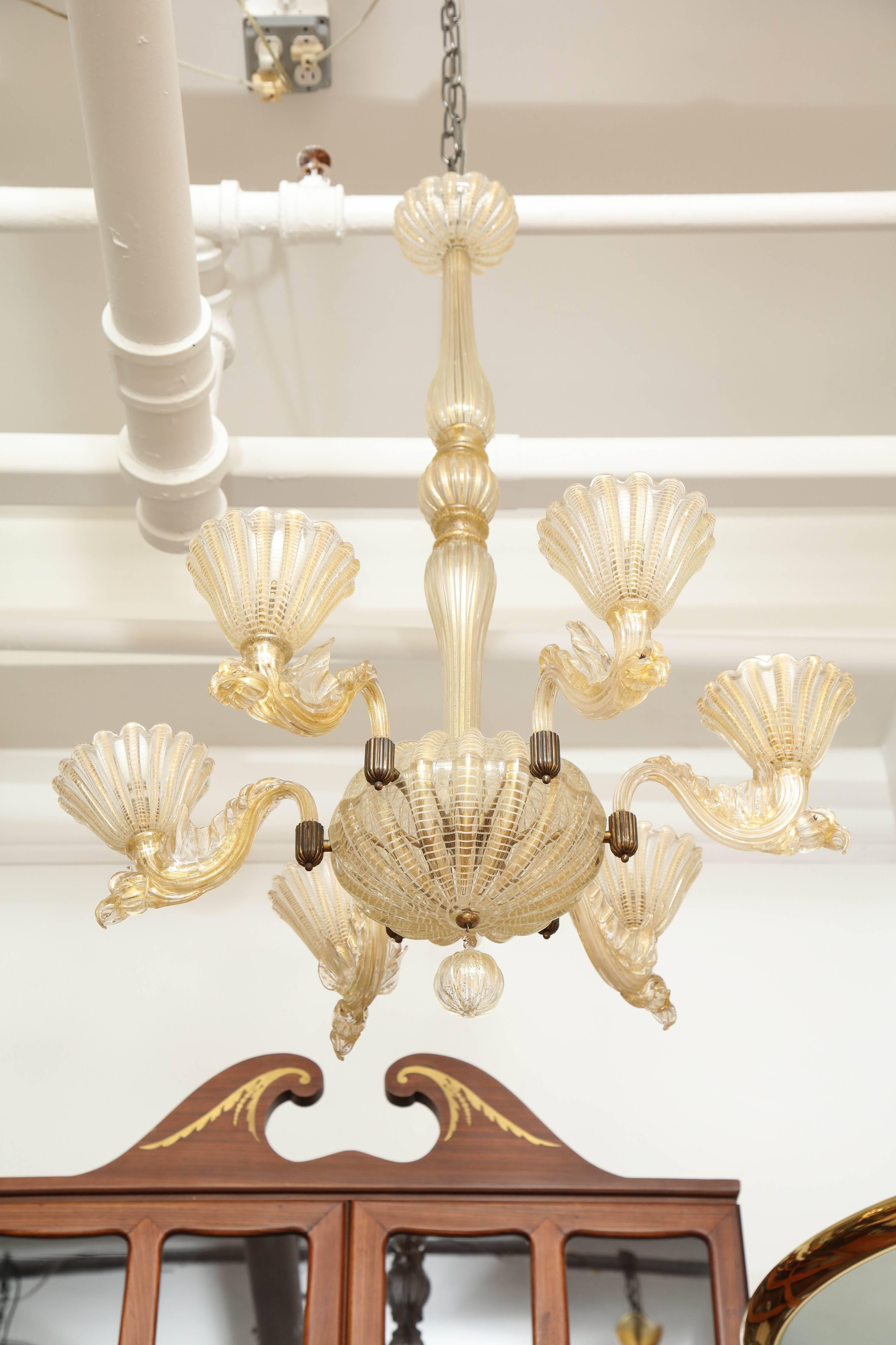 Barovier & Toso chandelier made In Venice 1935 a very unusual model that the arms are in the form of a dragon. Blown glass spiral design in the shades with gold fleck, great quality. Take's 6 incandescent bulbs.

Available for viewing at Fred