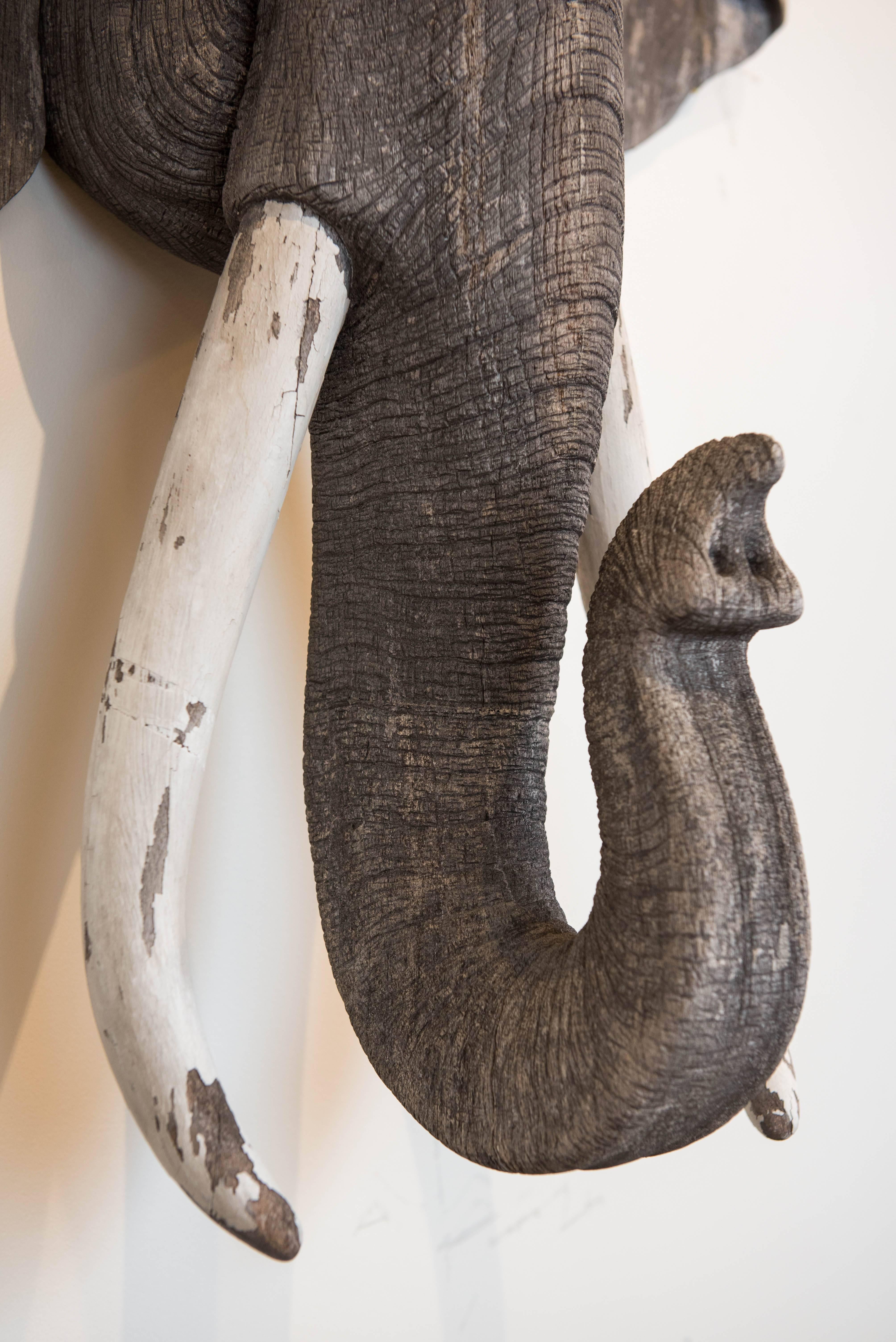South African Vintage Carved Wood Elephant Wall Sculpture