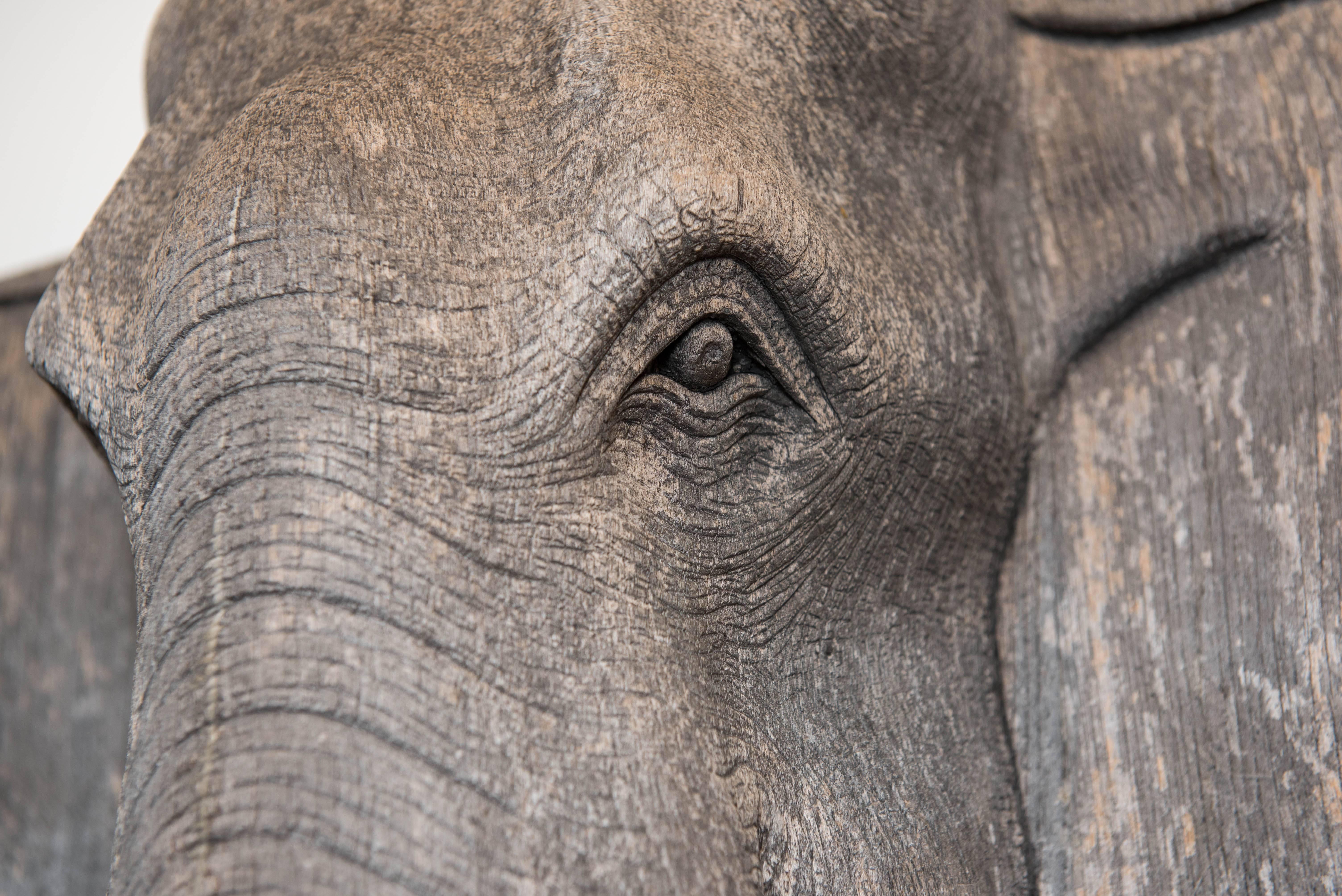 Hand-Carved Vintage Carved Wood Elephant Wall Sculpture