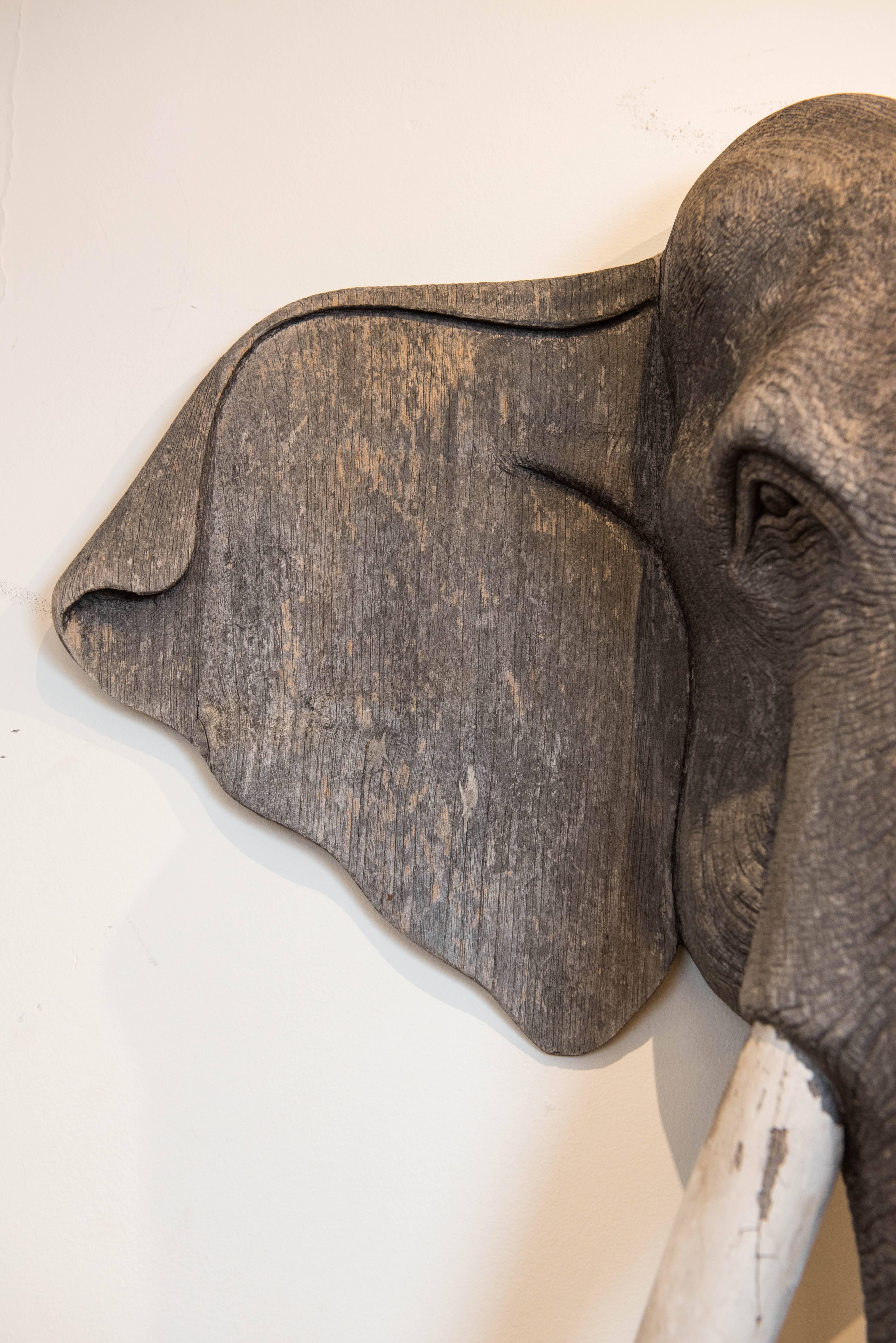 Late 20th Century Vintage Carved Wood Elephant Wall Sculpture