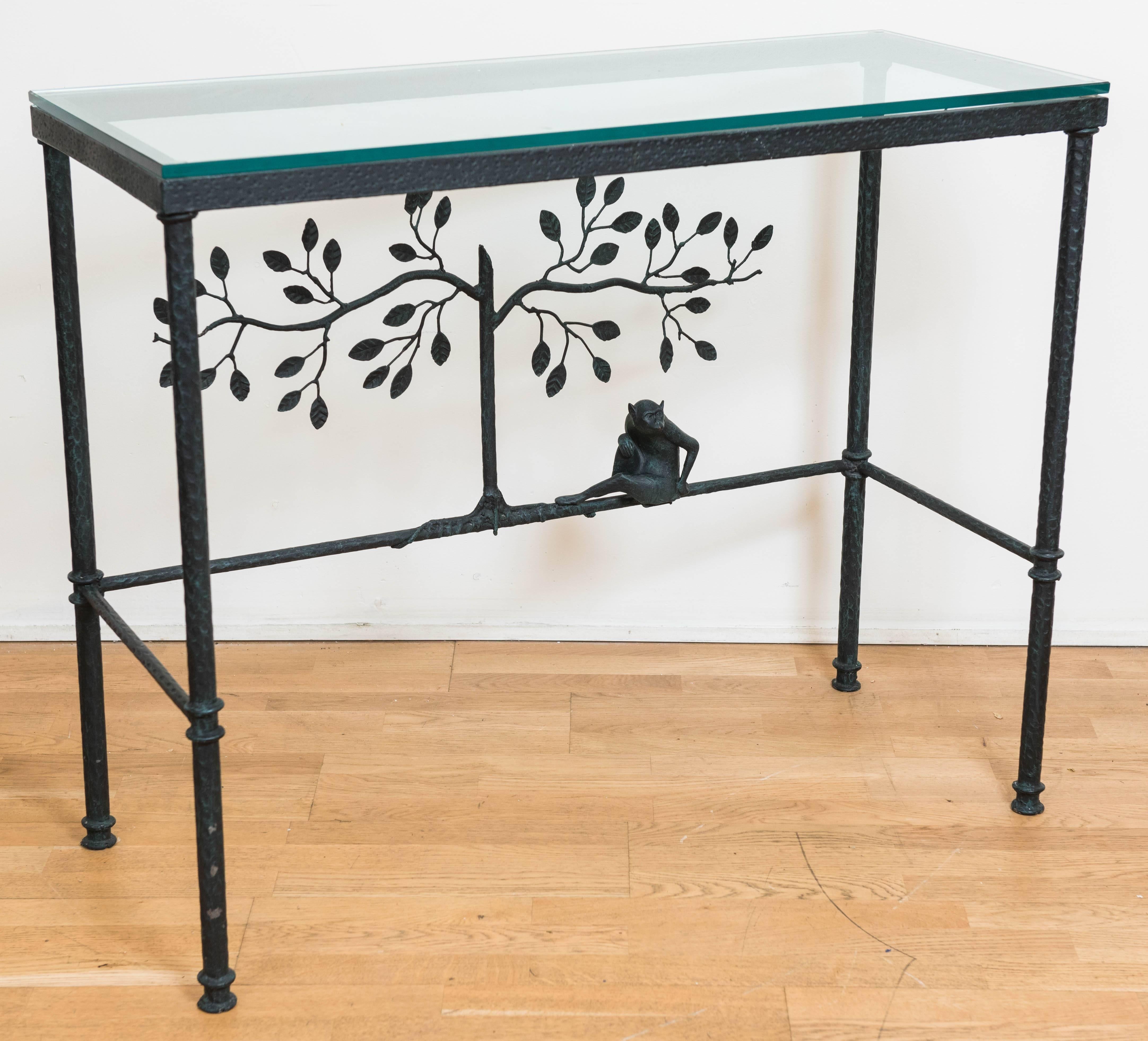 Giacometti Style Console Table With Glass Top In Excellent Condition In Toronto, ON
