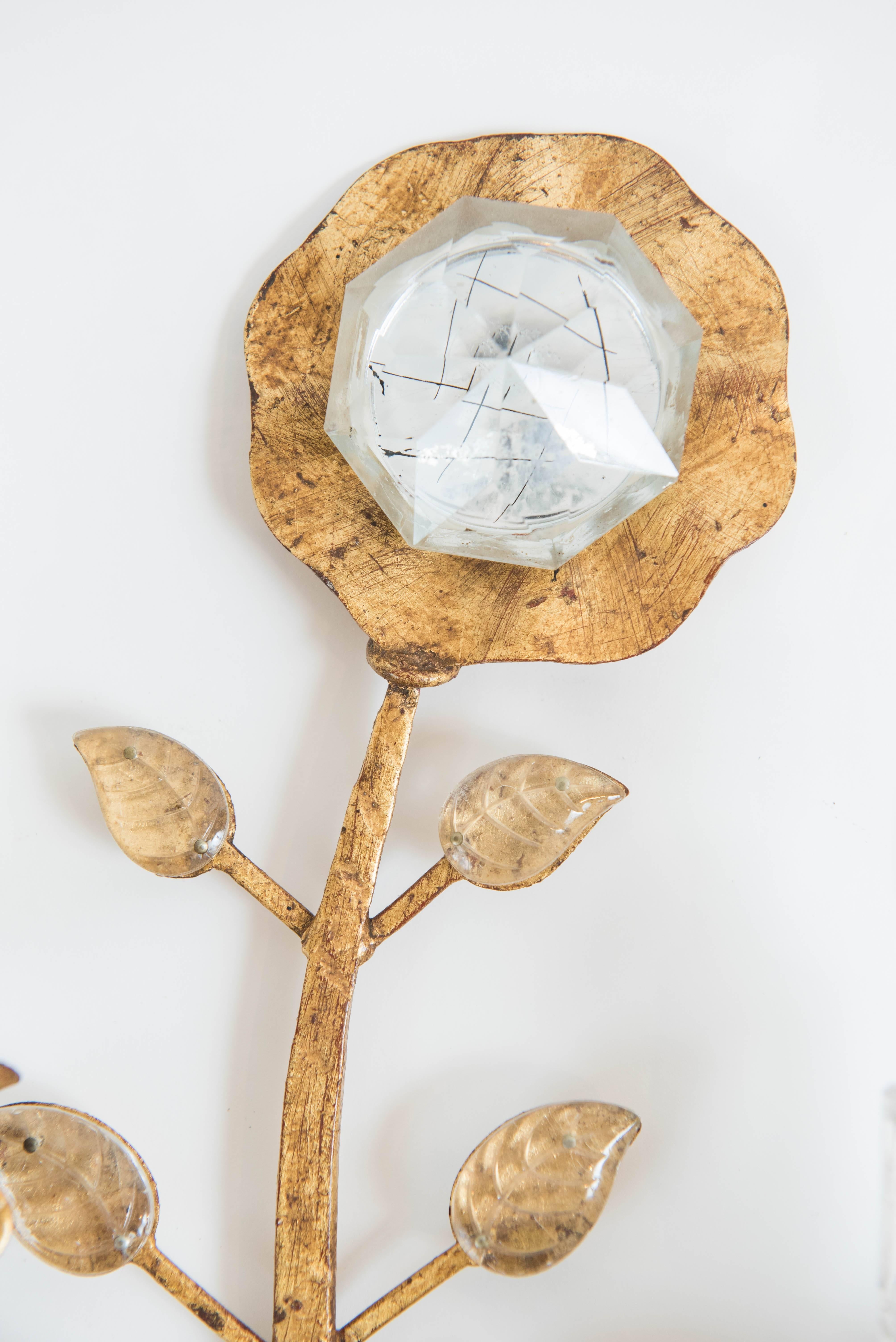 Italian Pair of Vintage Maison Baguès Style Gold Leaf Sconces