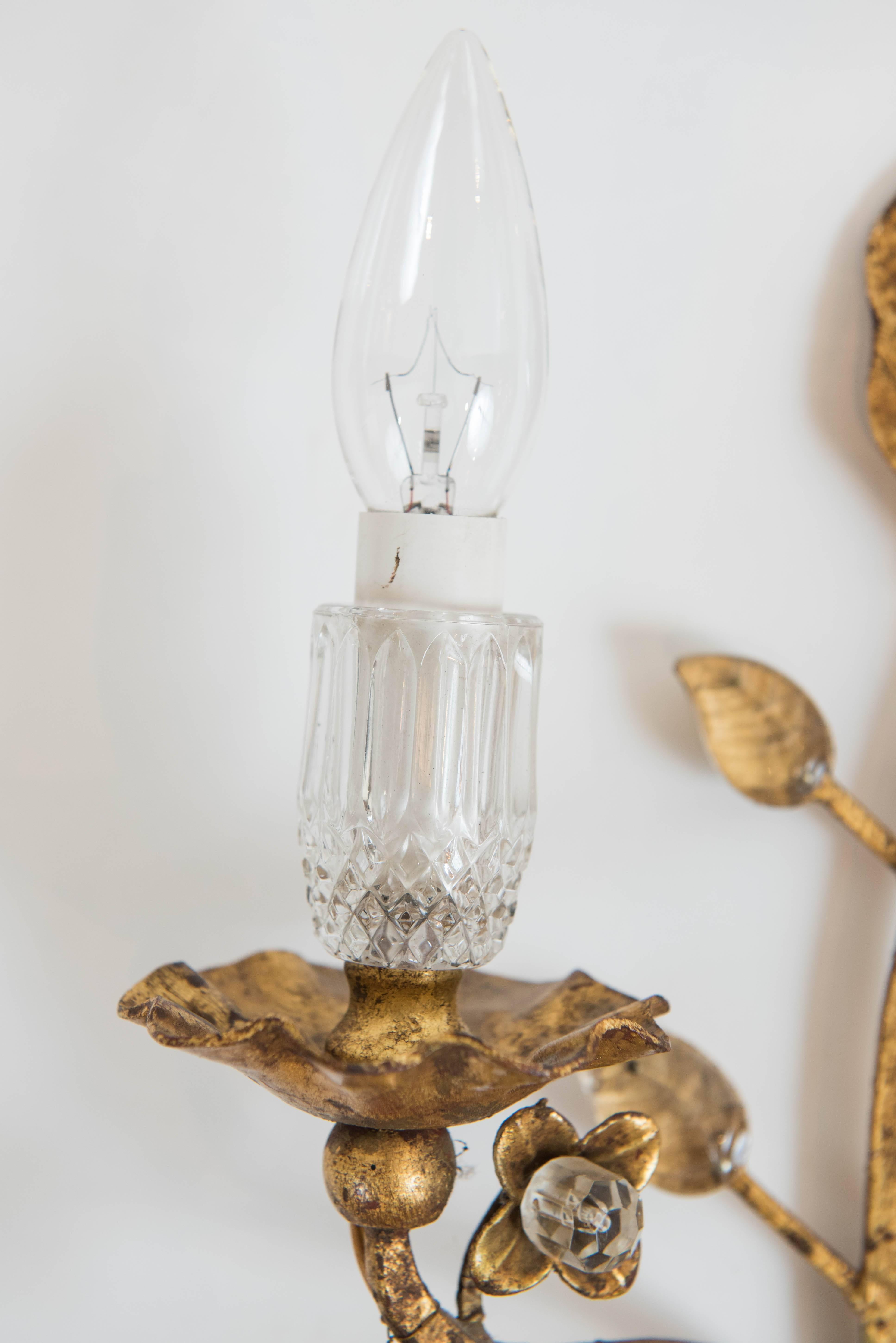 Pair of Vintage Maison Baguès Style Gold Leaf Sconces In Excellent Condition In Toronto, ON