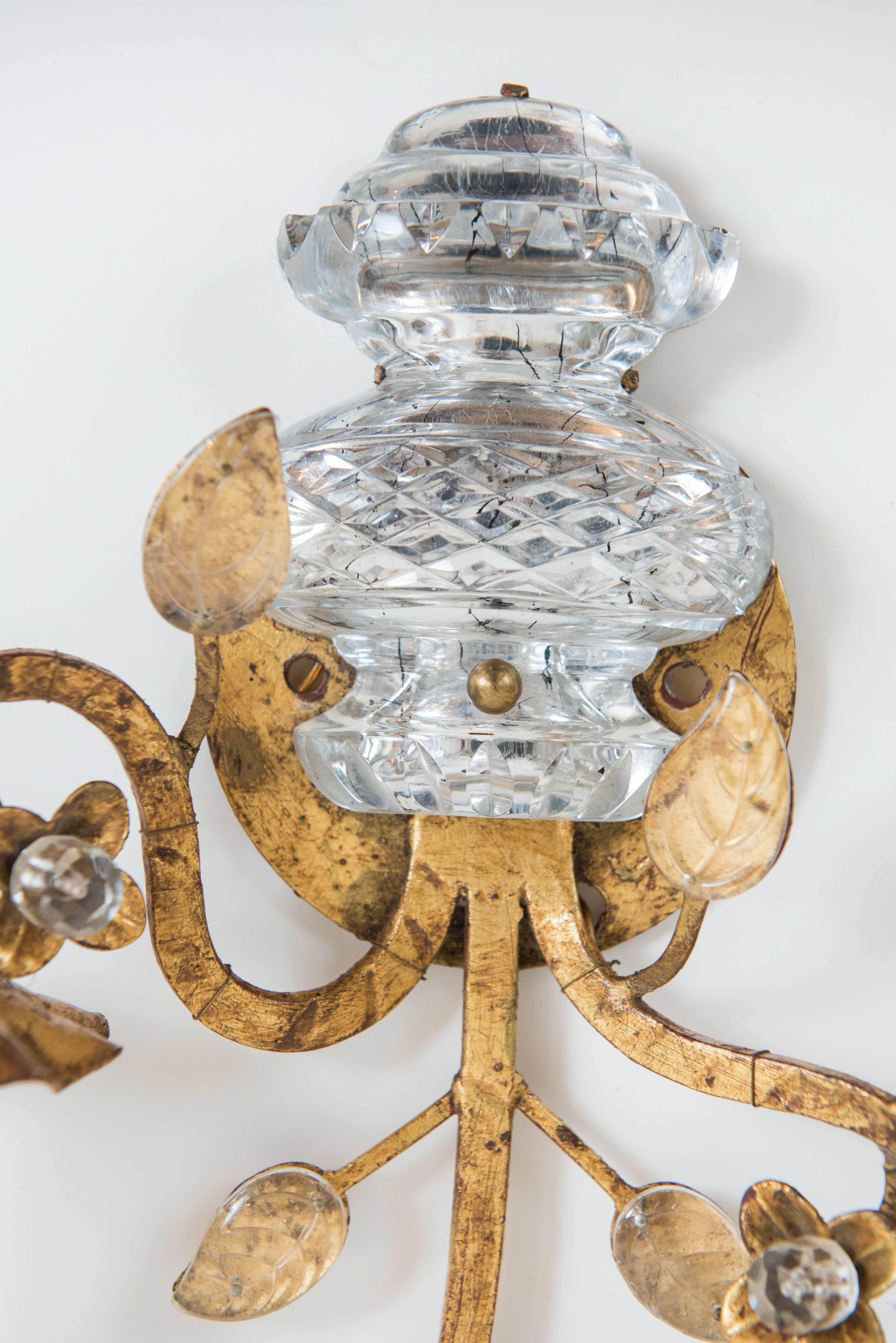 Late 20th Century Pair of Vintage Maison Baguès Style Gold Leaf Sconces