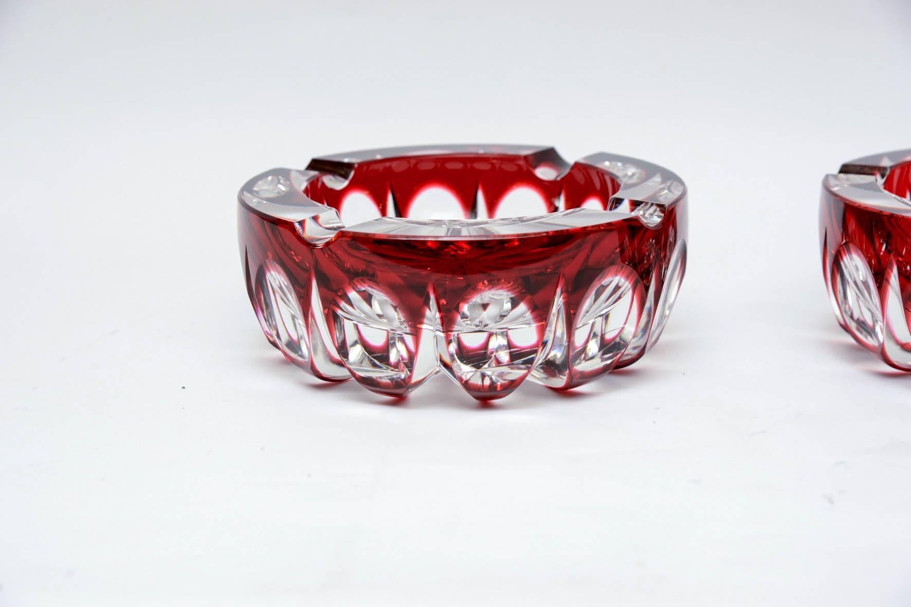 French Pair of Ashtrays in Crystal Signed Saint Louis