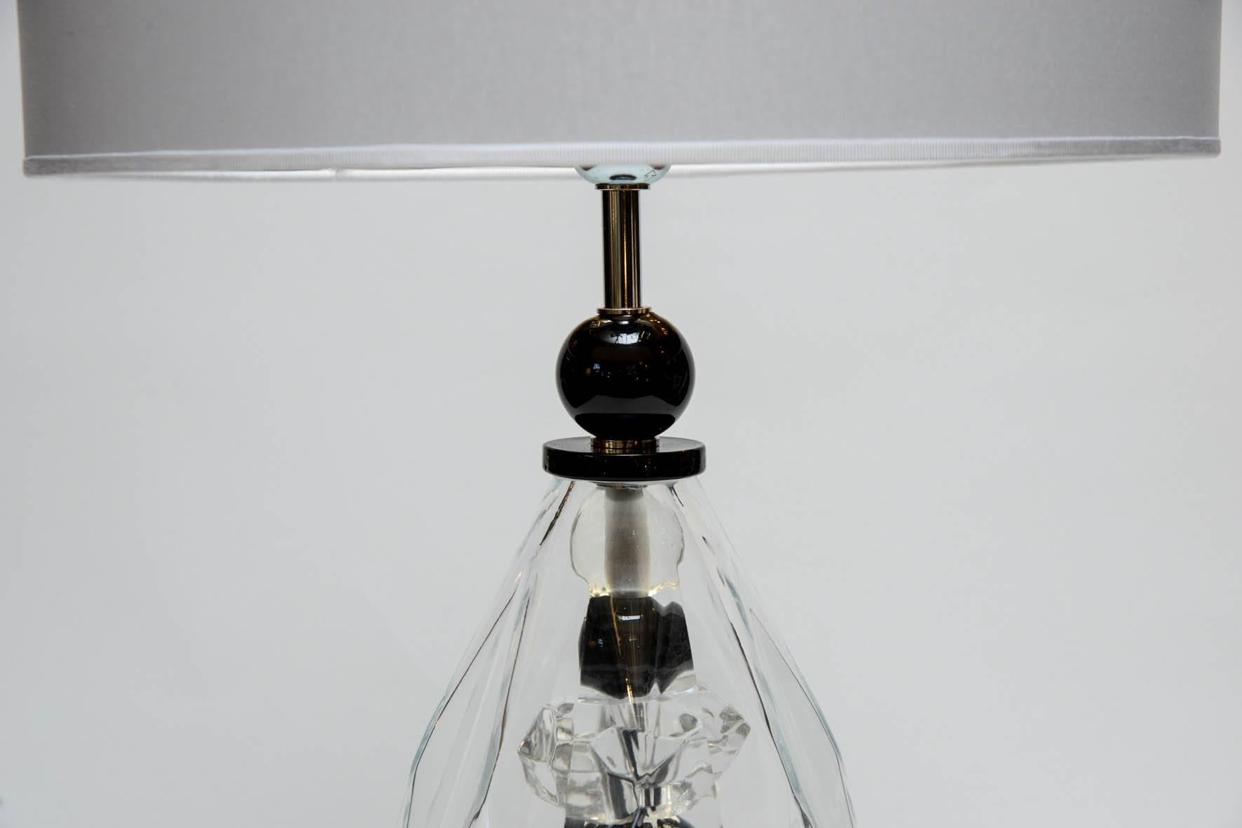 Italian Pair of Transparent and Black Murano Glass Table Lamps