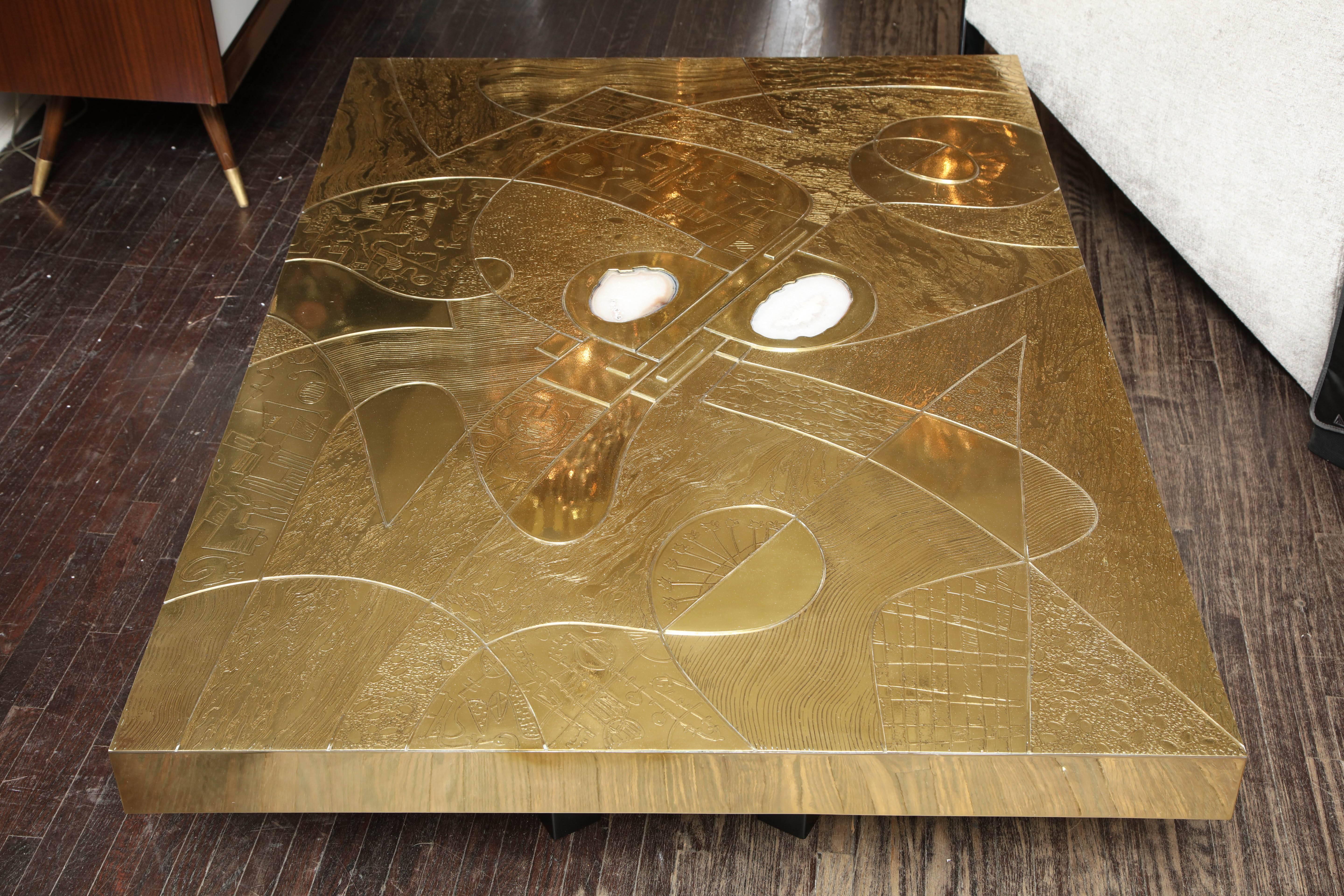 Balinese Custom Spectacular Etched Brass and Double Agate Rectangular Cocktail Table For Sale