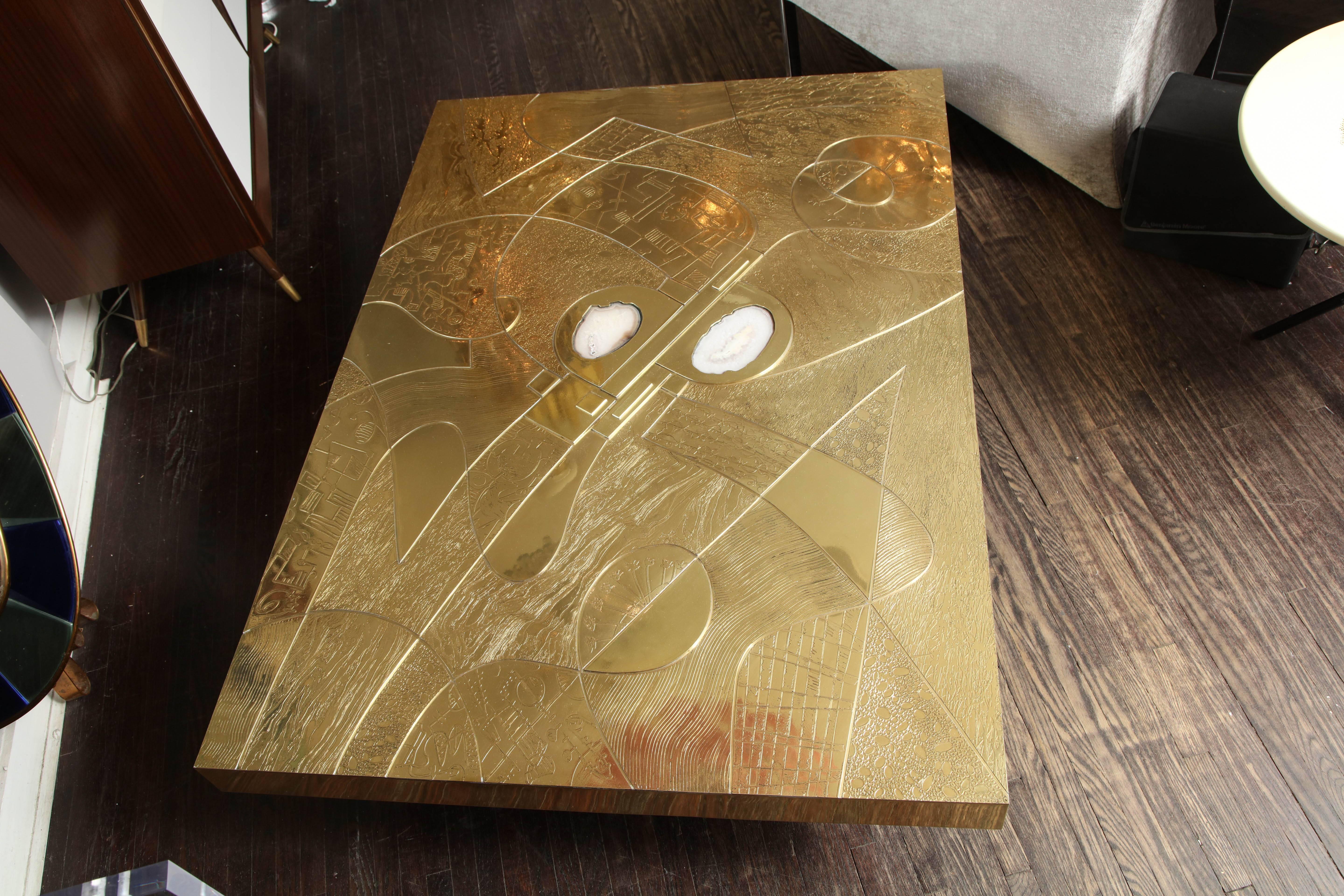 Mid-Century Modern Custom Spectacular Etched Brass and Double Agate Rectangular Cocktail Table For Sale