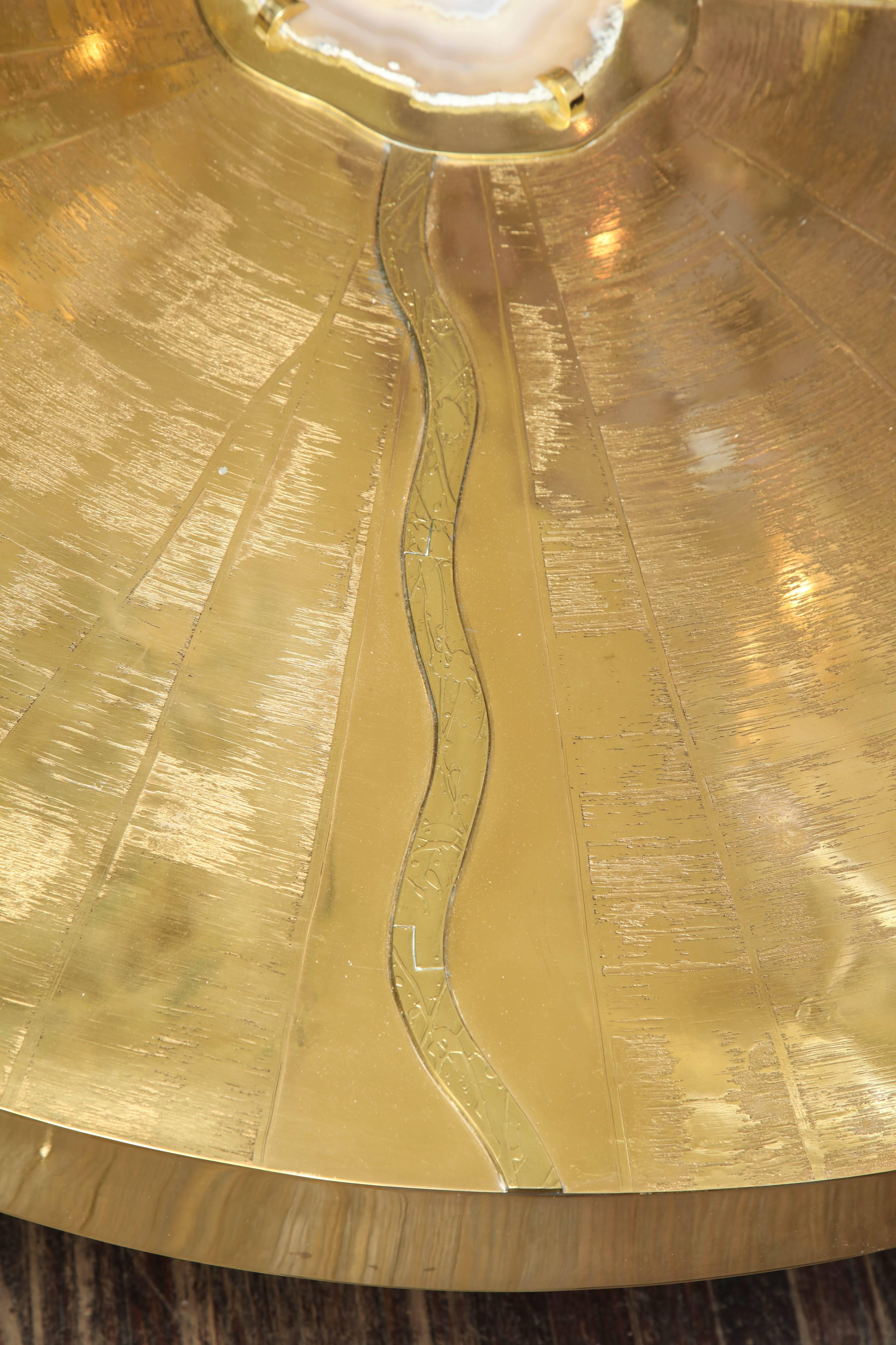 Contemporary Spectacular Round Etched Brass and Agate Cocktail Table