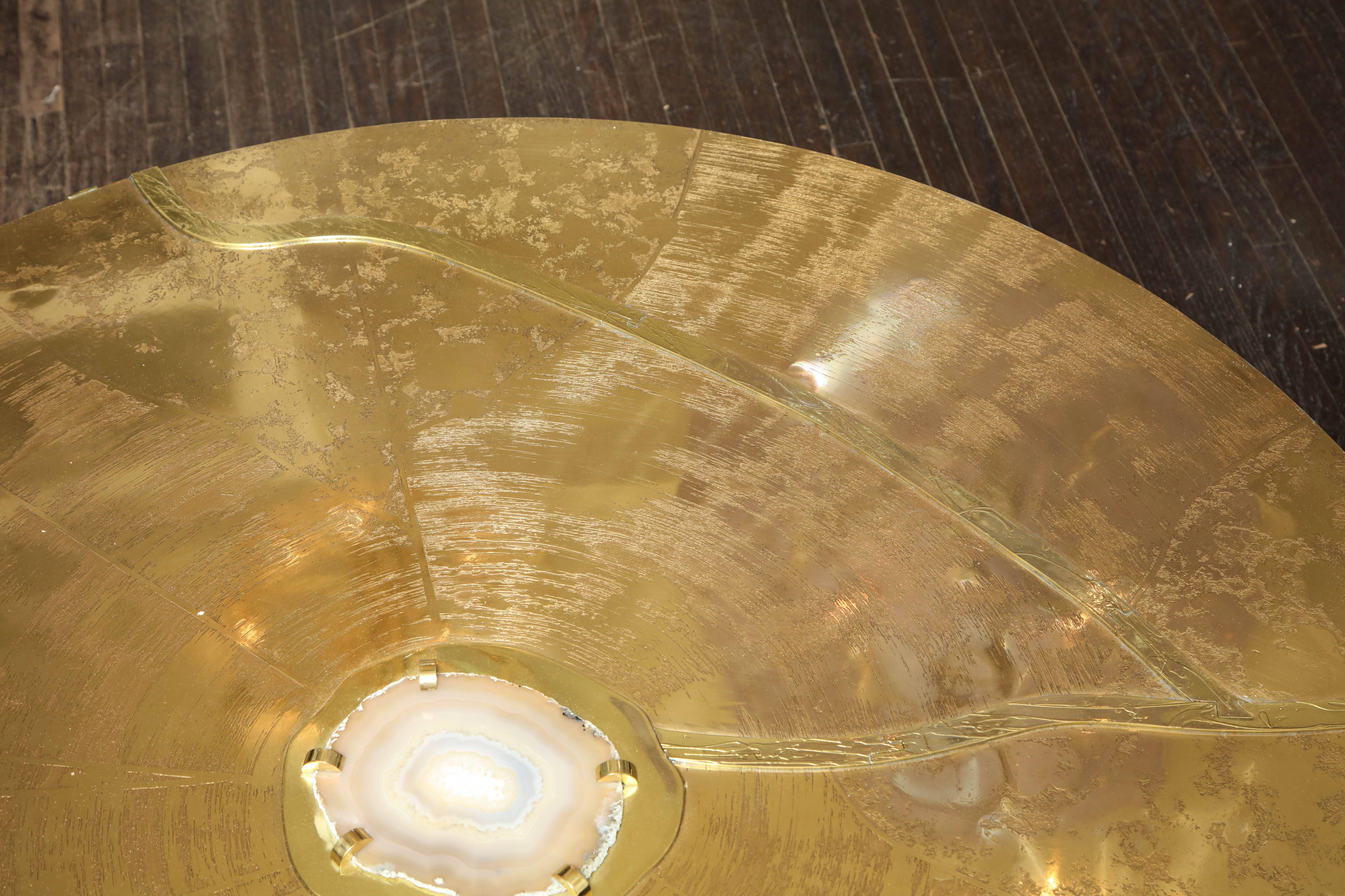 Spectacular Round Etched Brass and Agate Cocktail Table 1