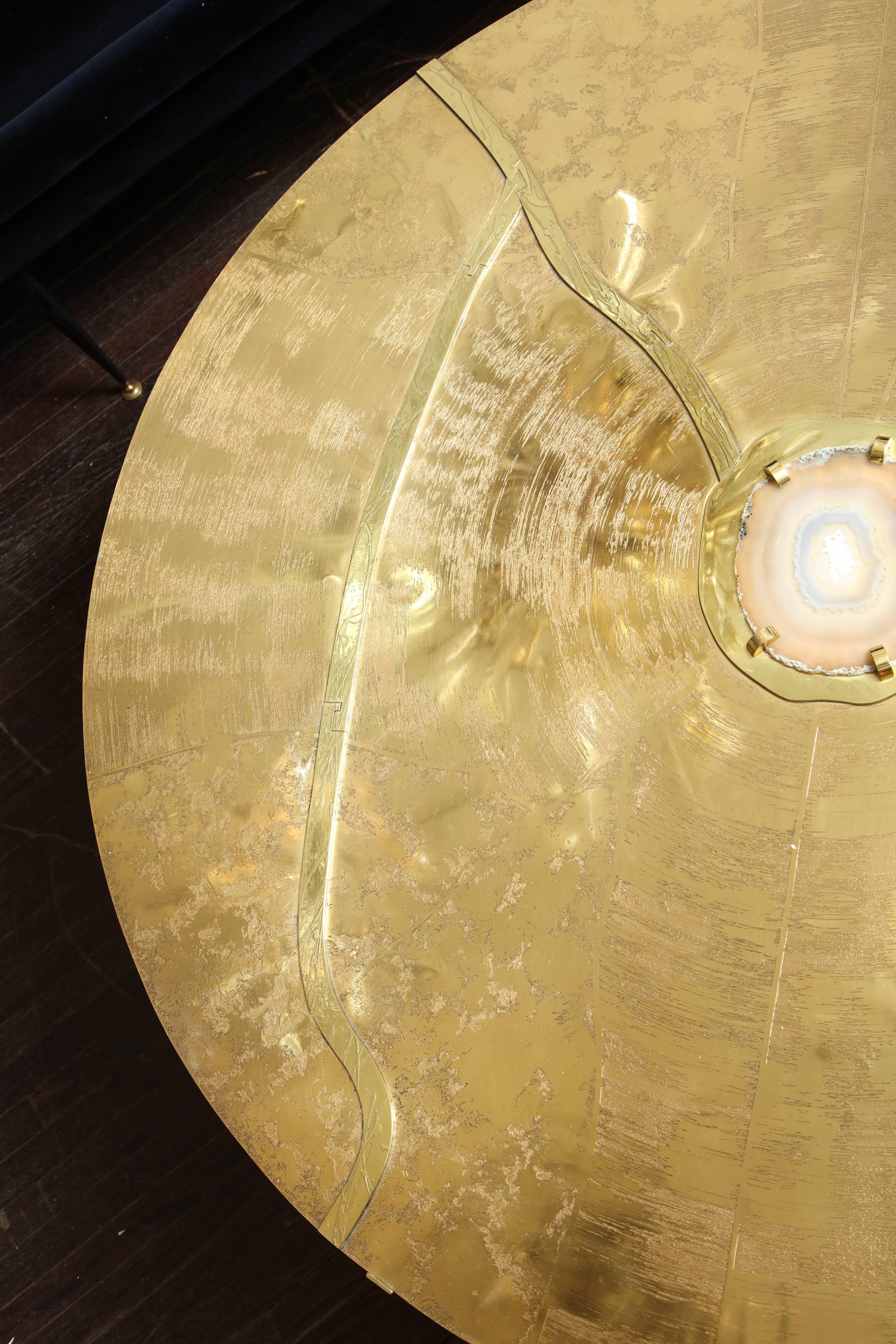 Spectacular Round Etched Brass and Agate Cocktail Table 2