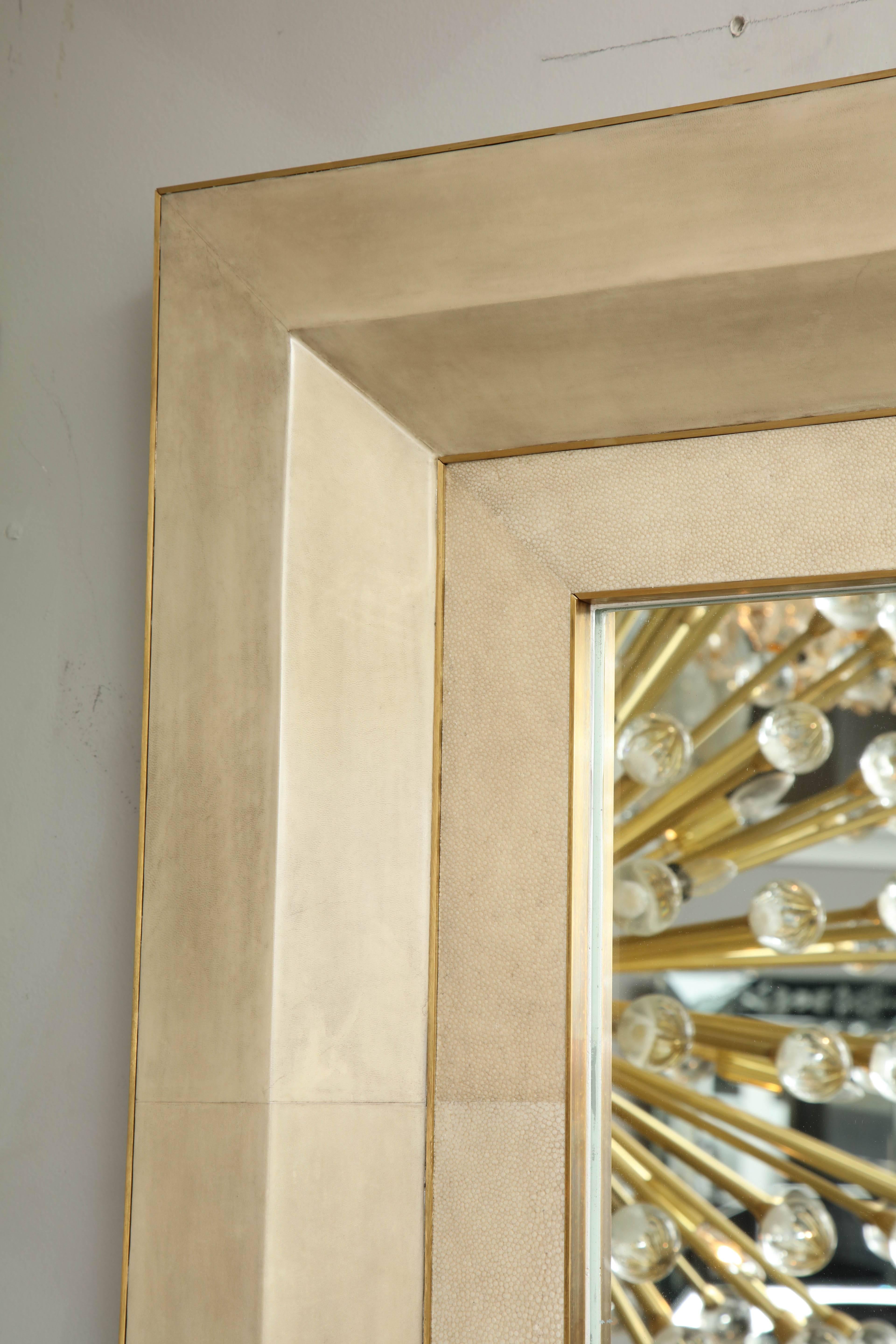 Mid-Century Modern Custom Goatskin Mirror with Brass Trim For Sale