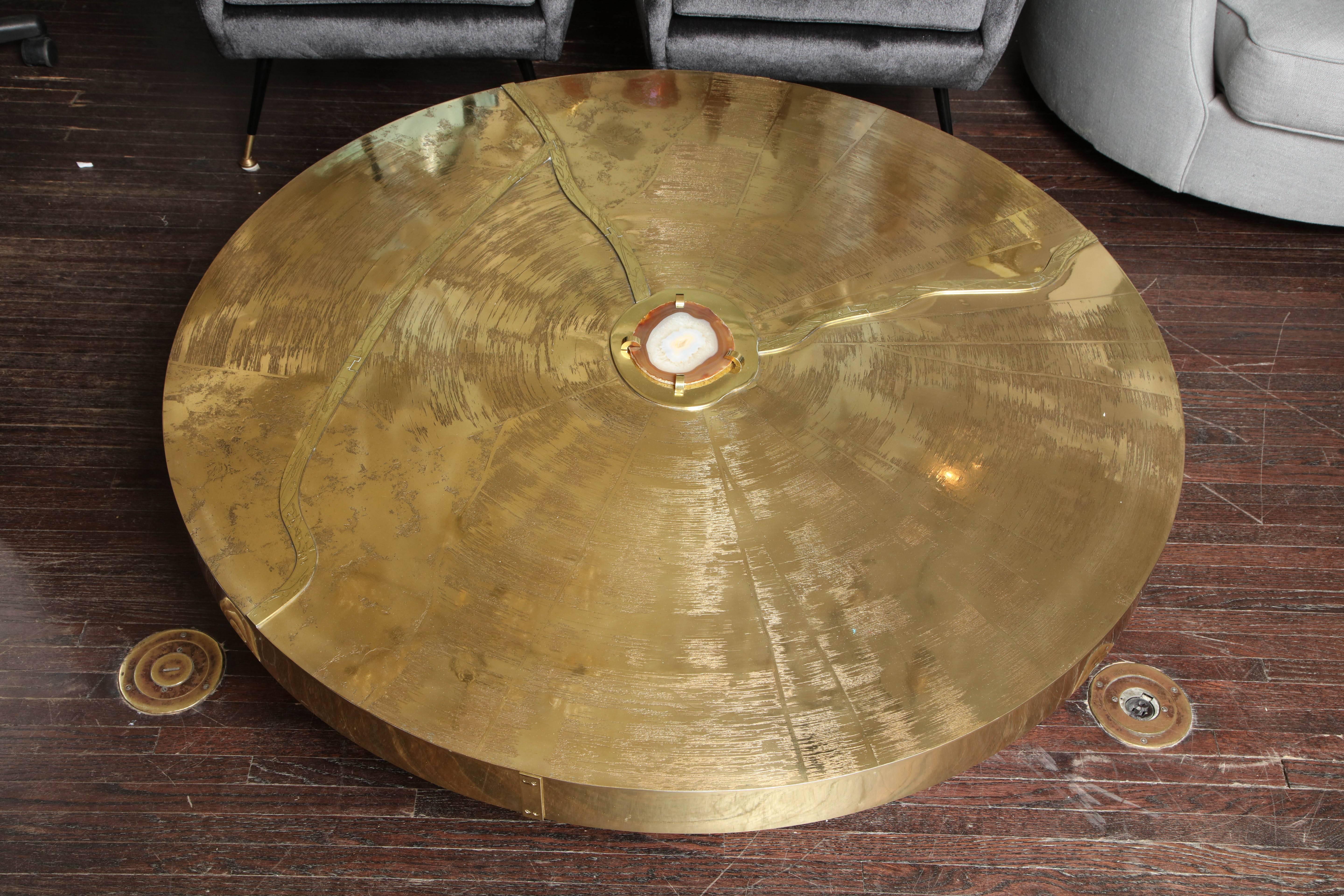 Mid-Century Modern Custom Spectacular Round Etched Brass Cocktail Table with Agate Stone For Sale