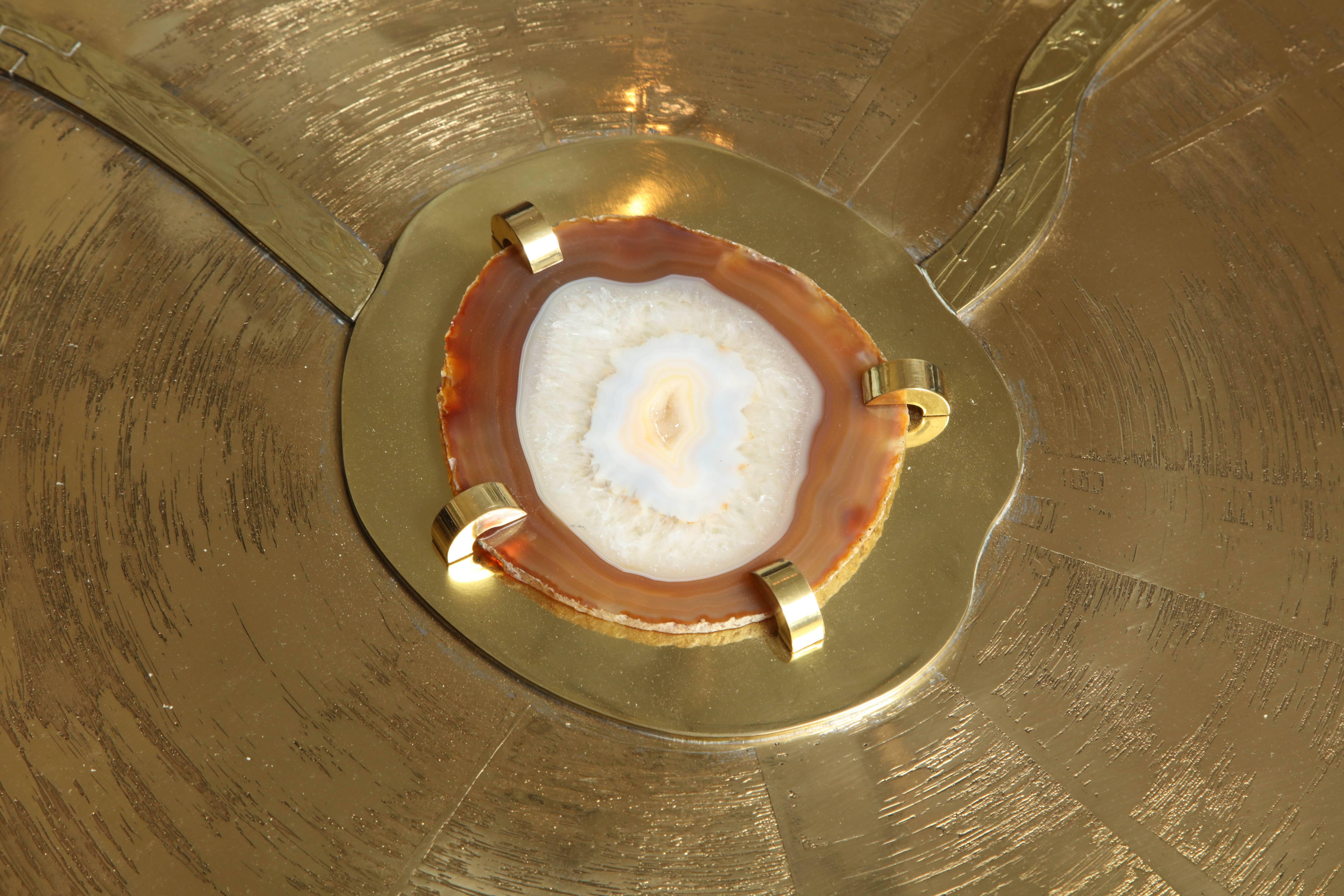 Balinese Custom Spectacular Round Etched Brass Cocktail Table with Agate Stone For Sale