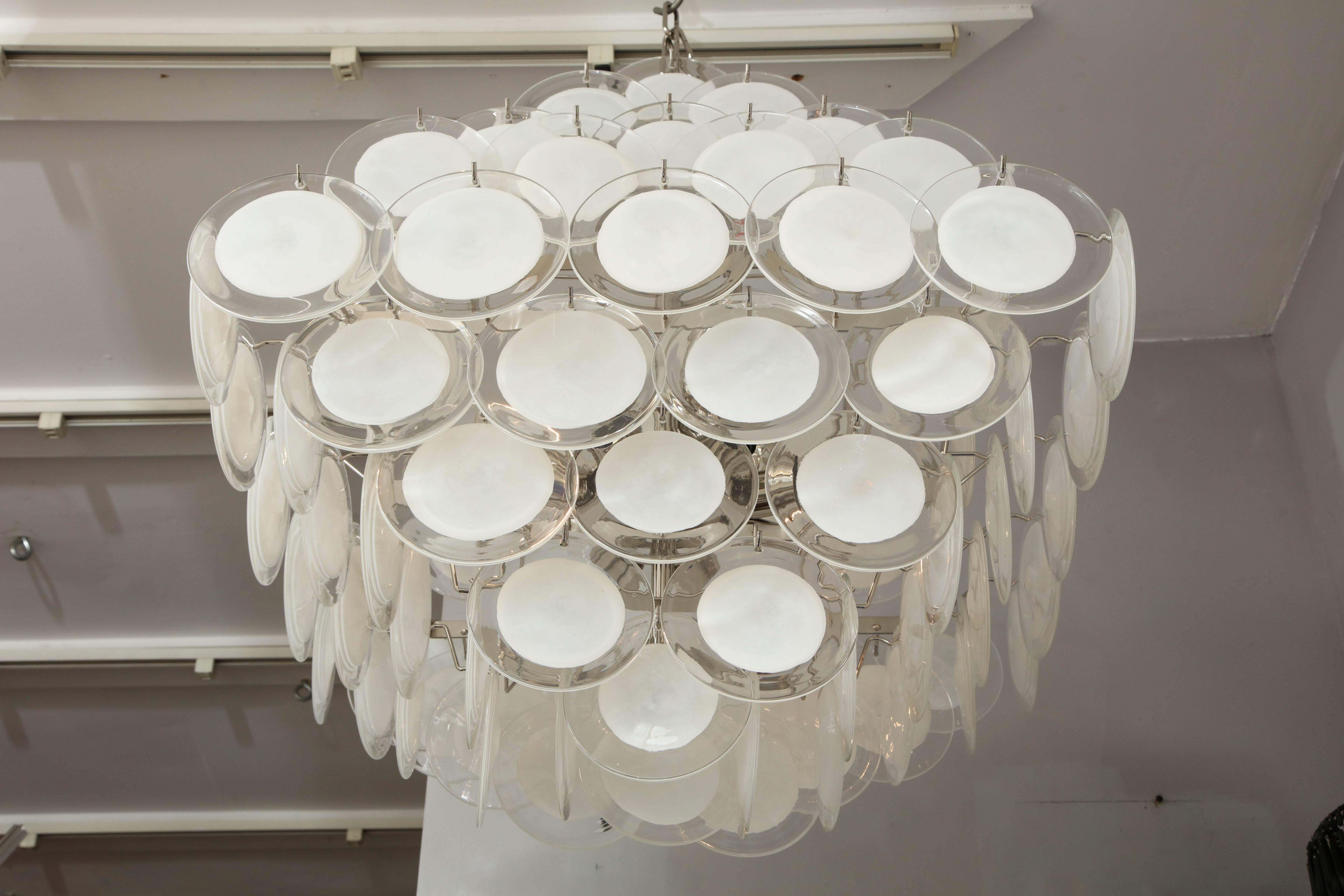 Mid-Century Modern Large Pagoda-Style White Glass Disc Chandelier For Sale