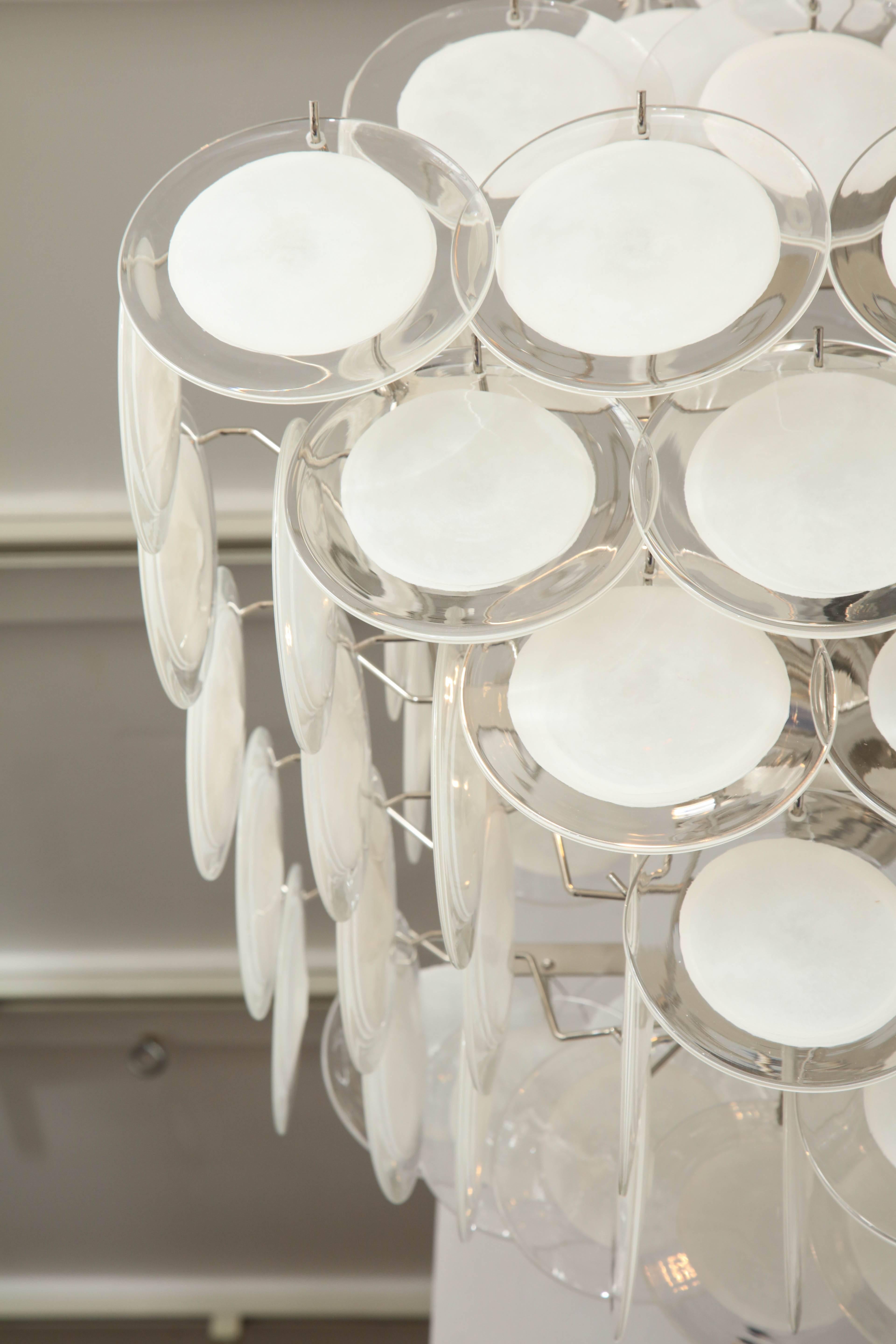 Italian Large Pagoda-Style White Glass Disc Chandelier For Sale