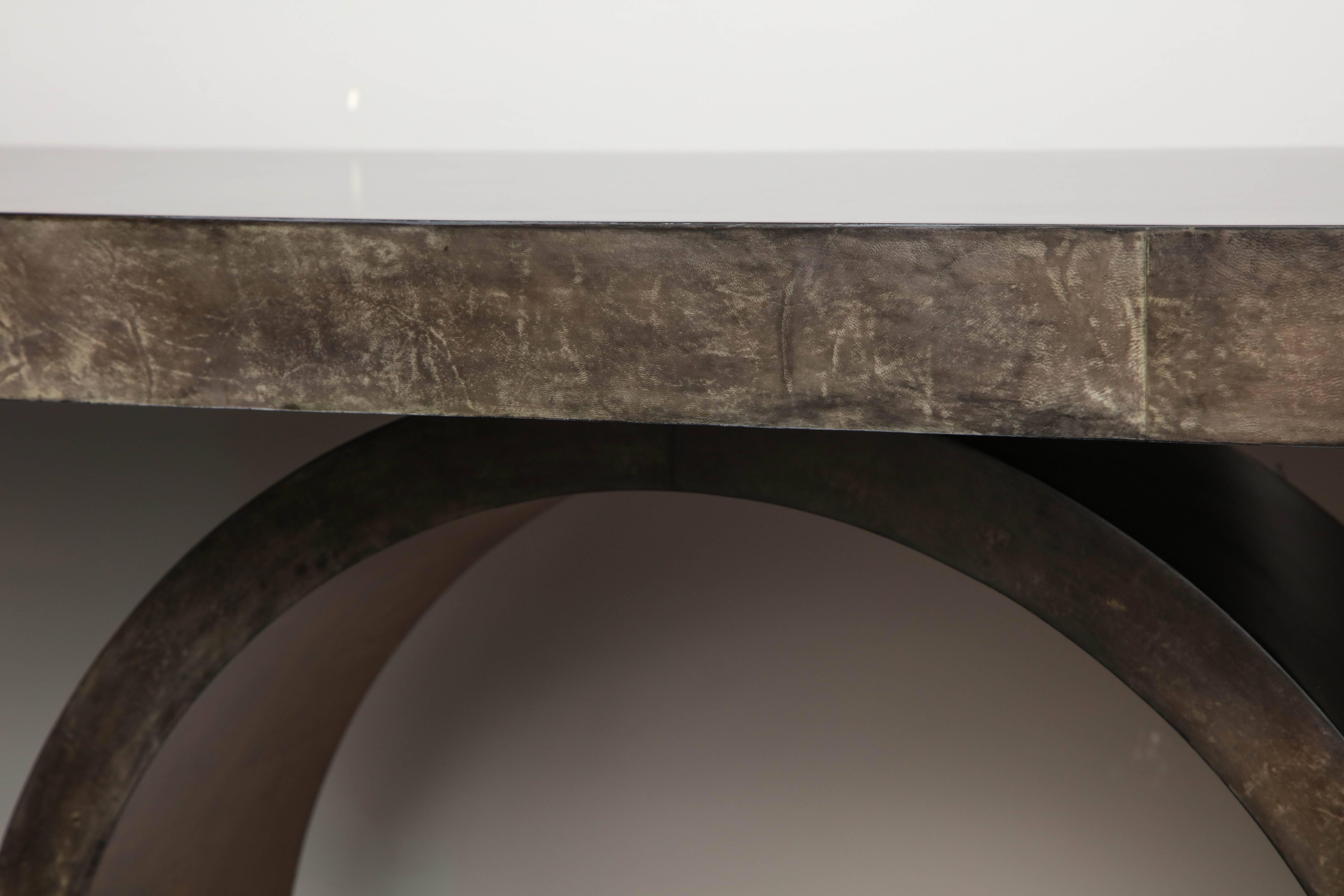 Contemporary Custom Charcoal Goatskin Wall-MountConsole with Umber Gold Leaf For Sale