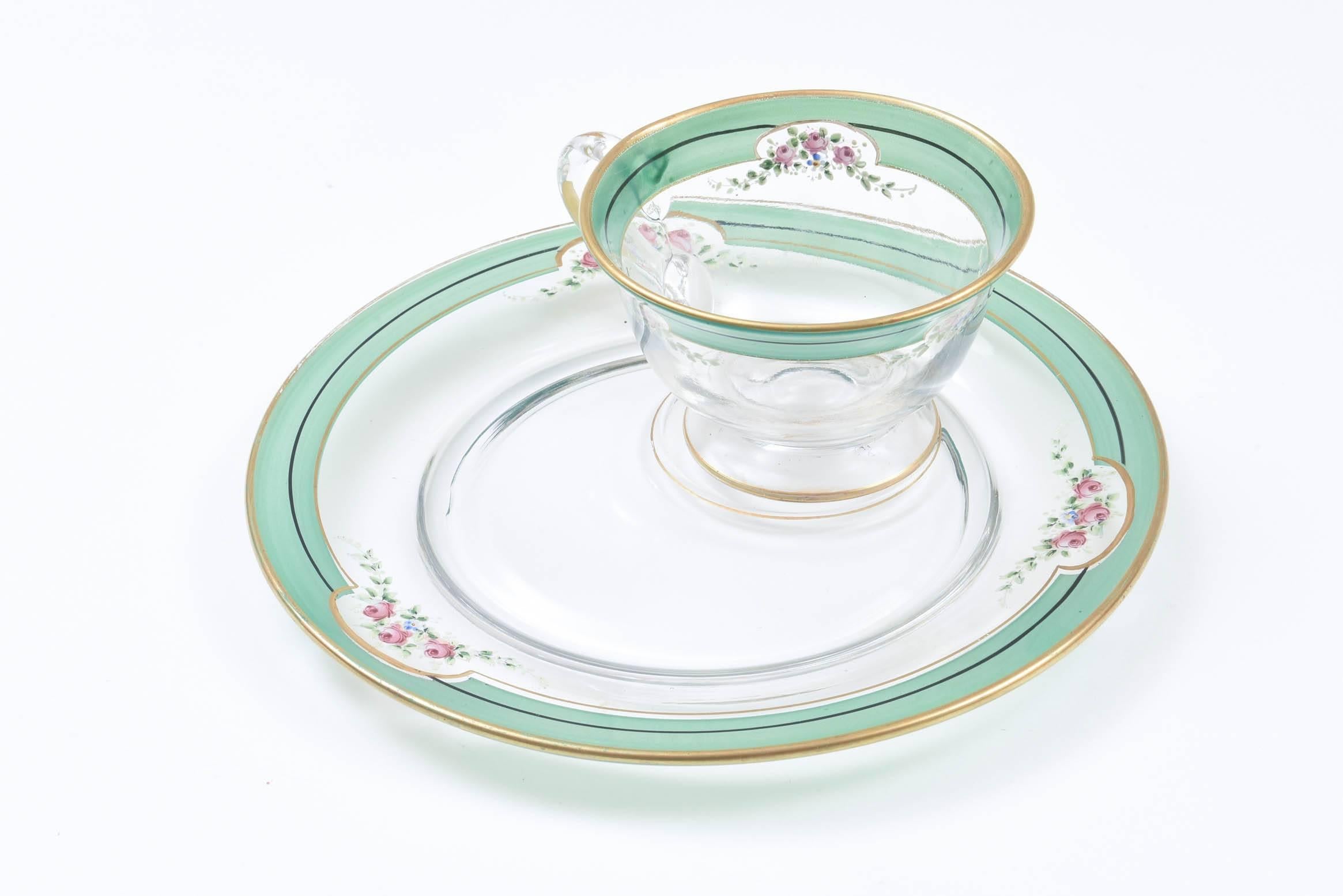 American 12 Sets Dessert Plates and Cups, Glass with Hand-Painted Florals, Gilt Trimmed