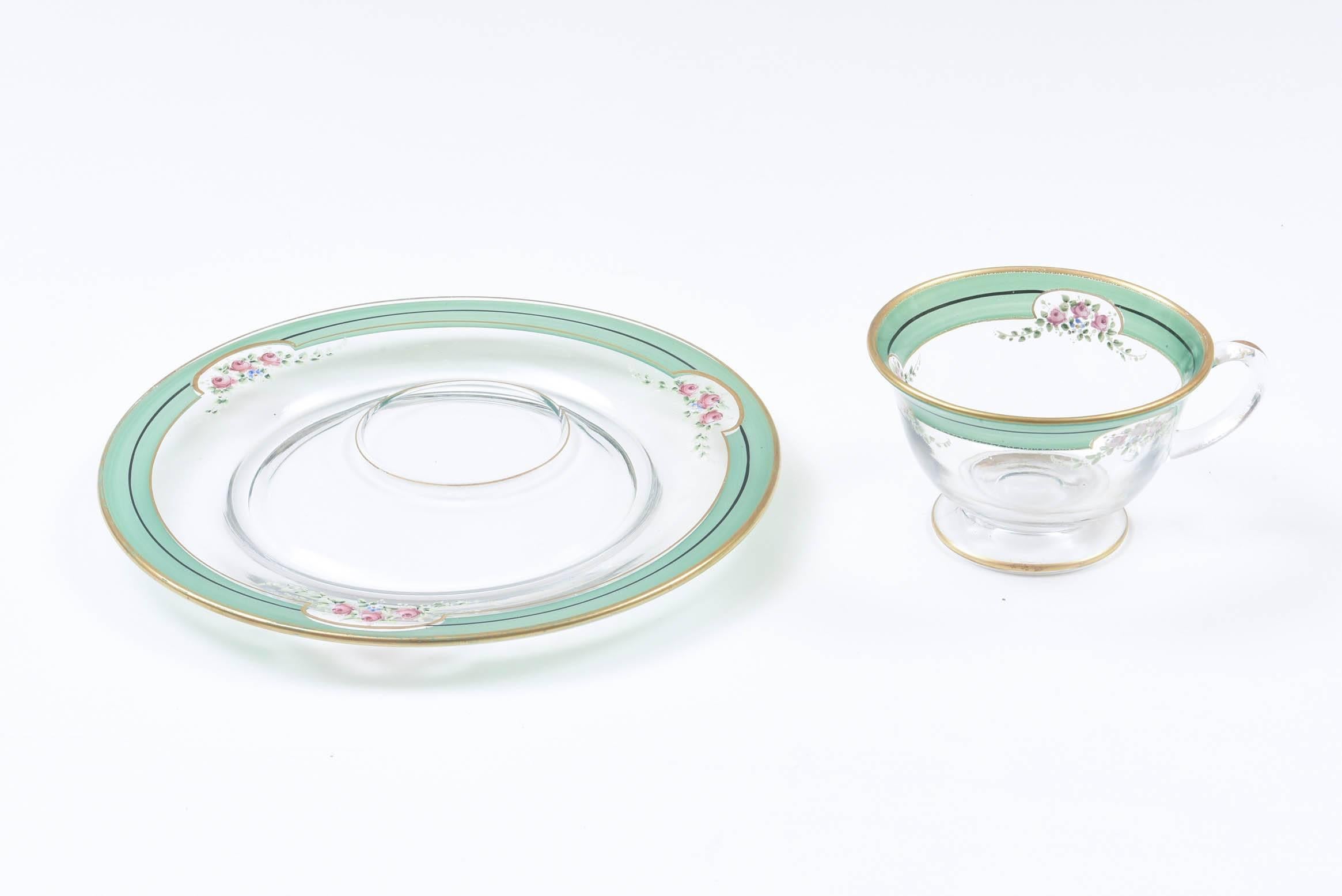 12 Sets Dessert Plates and Cups, Glass with Hand-Painted Florals, Gilt Trimmed In Good Condition In West Palm Beach, FL