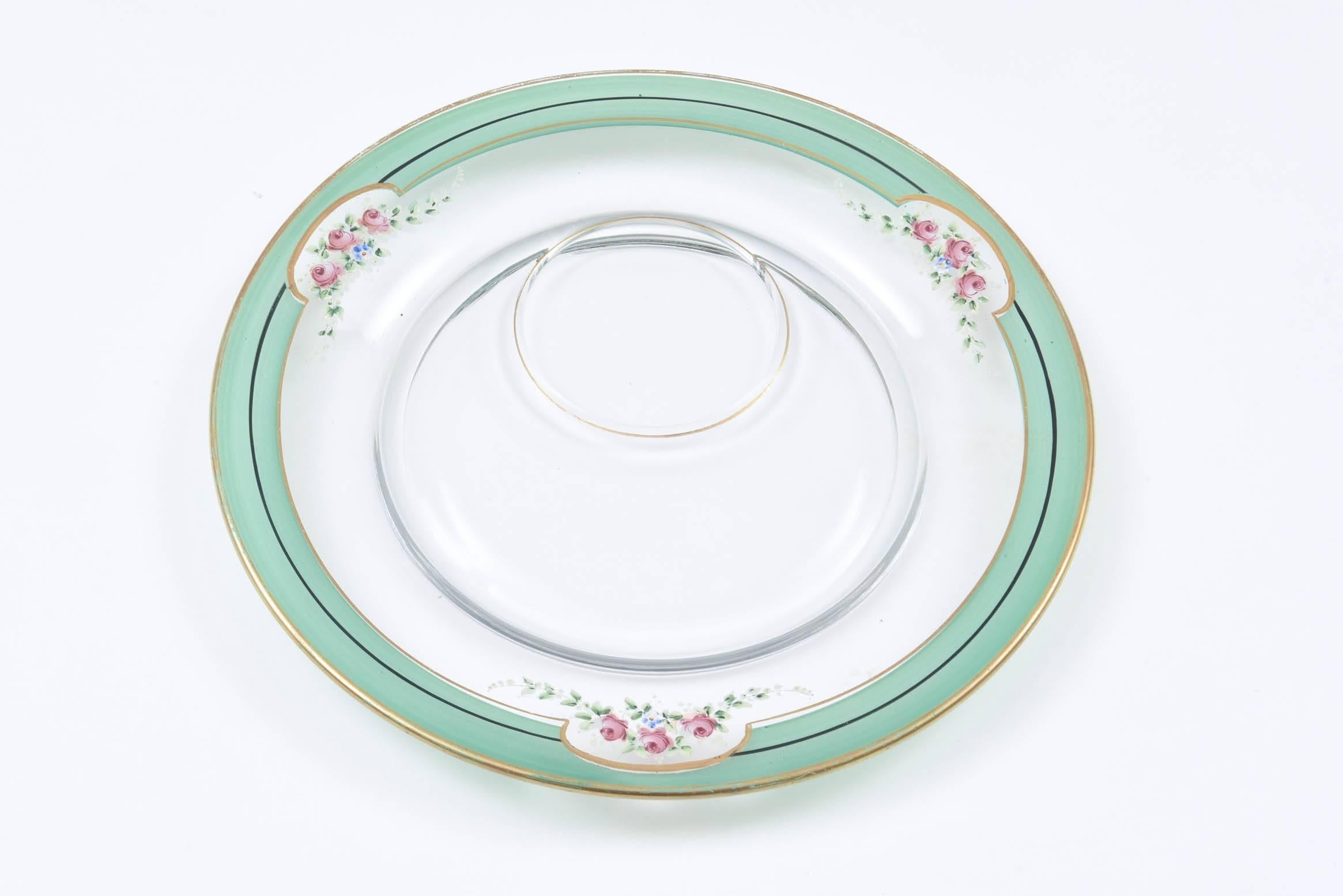 Mid-20th Century 12 Sets Dessert Plates and Cups, Glass with Hand-Painted Florals, Gilt Trimmed