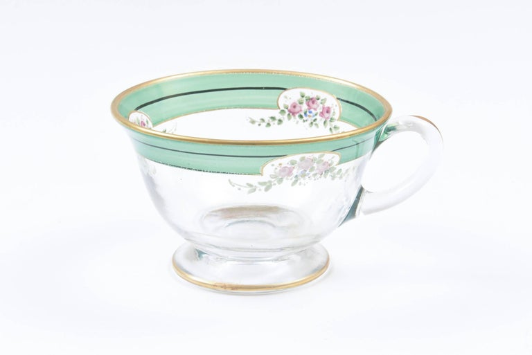 12 Sets Dessert Plates and Cups, Glass with HandPainted Florals, Gilt