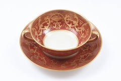 12 Sets Dark Orange and Gold Cream Soup Cups and Their Saucers, Antique French