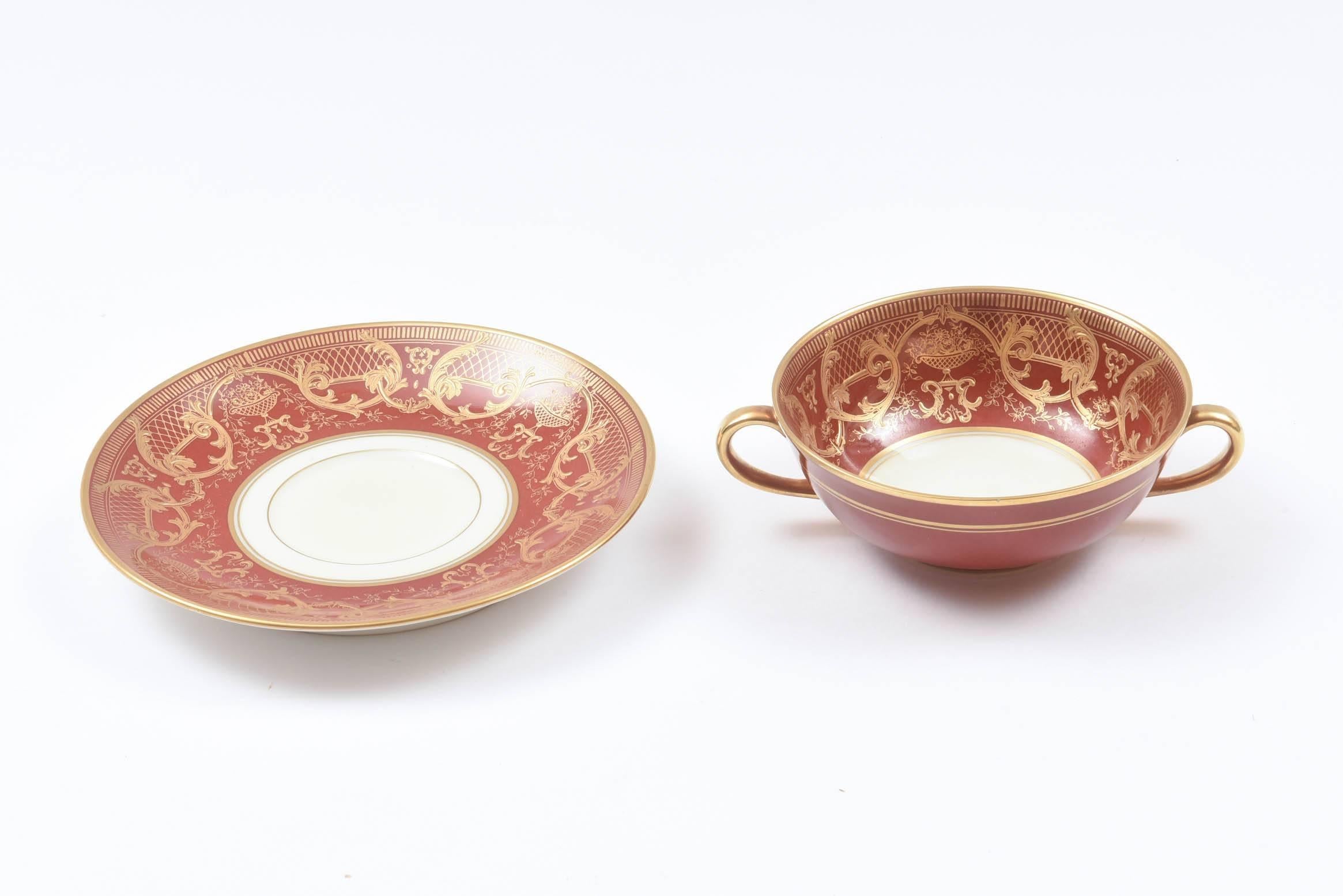 Early 20th Century 12 Sets Dark Orange and Gold Cream Soup Cups and Their Saucers, Antique French