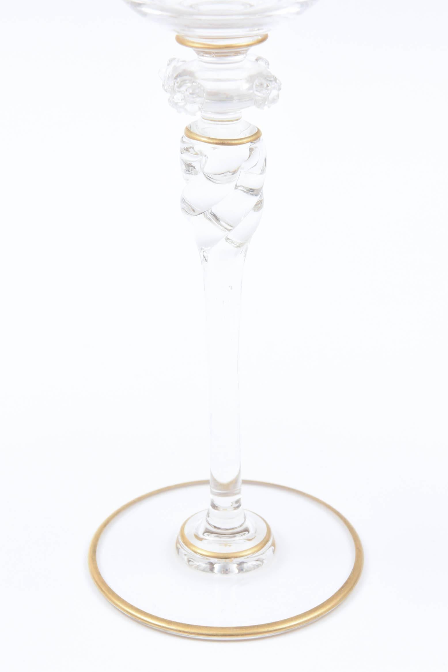 Hand-Crafted Four Tall Elegant Antique Moser Wine Goblets, Raised Gold & Hand-Painted Florals