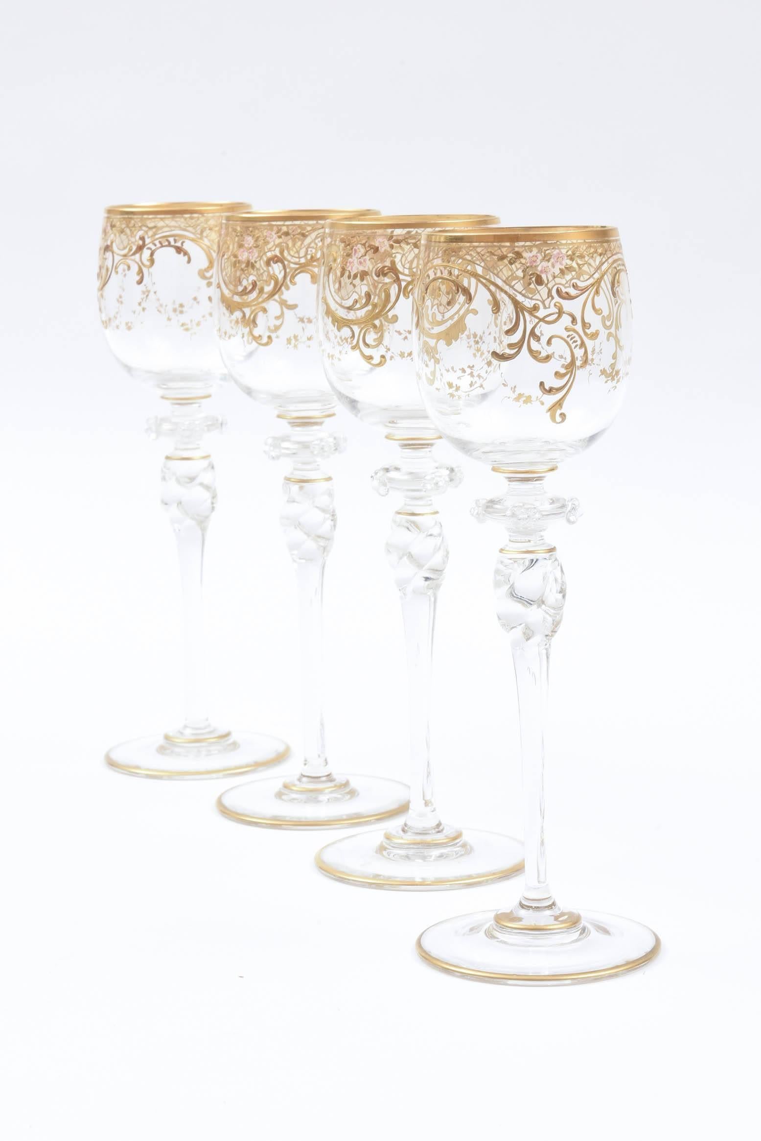 Four Tall Elegant Antique Moser Wine Goblets, Raised Gold & Hand-Painted Florals In Good Condition In West Palm Beach, FL
