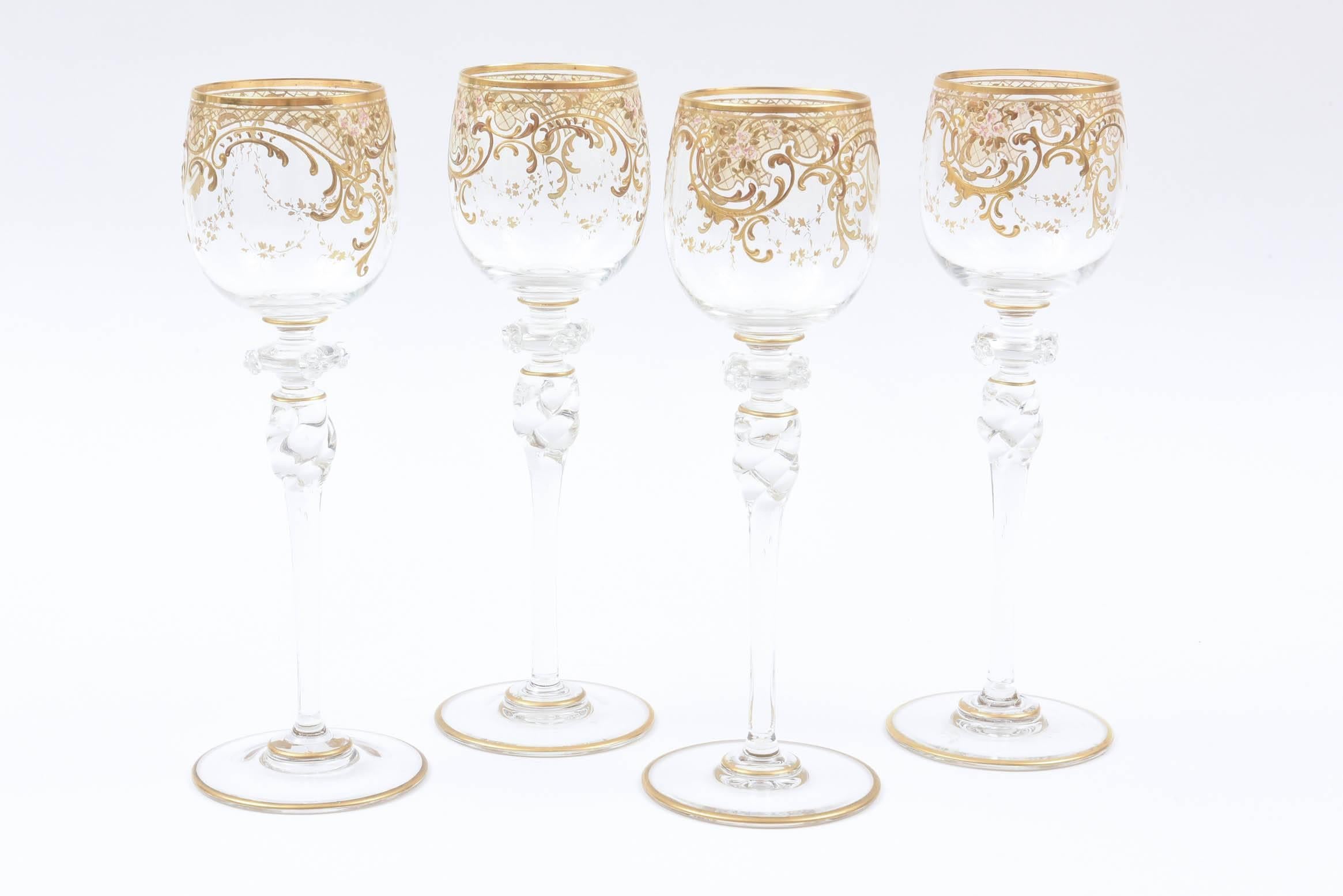 Early 20th Century Four Tall Elegant Antique Moser Wine Goblets, Raised Gold & Hand-Painted Florals