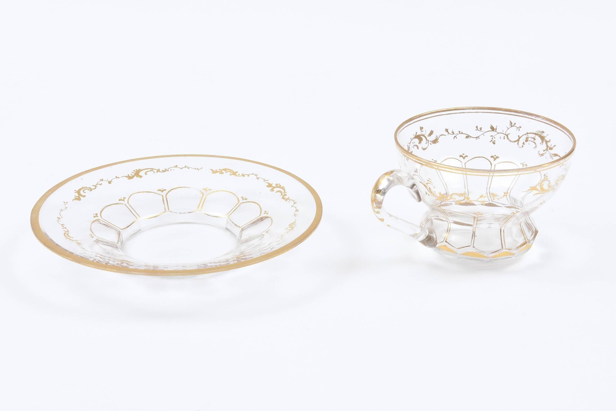 Hand-Crafted Eight Sets of Gilt Glass Tea Service Cup and Saucers