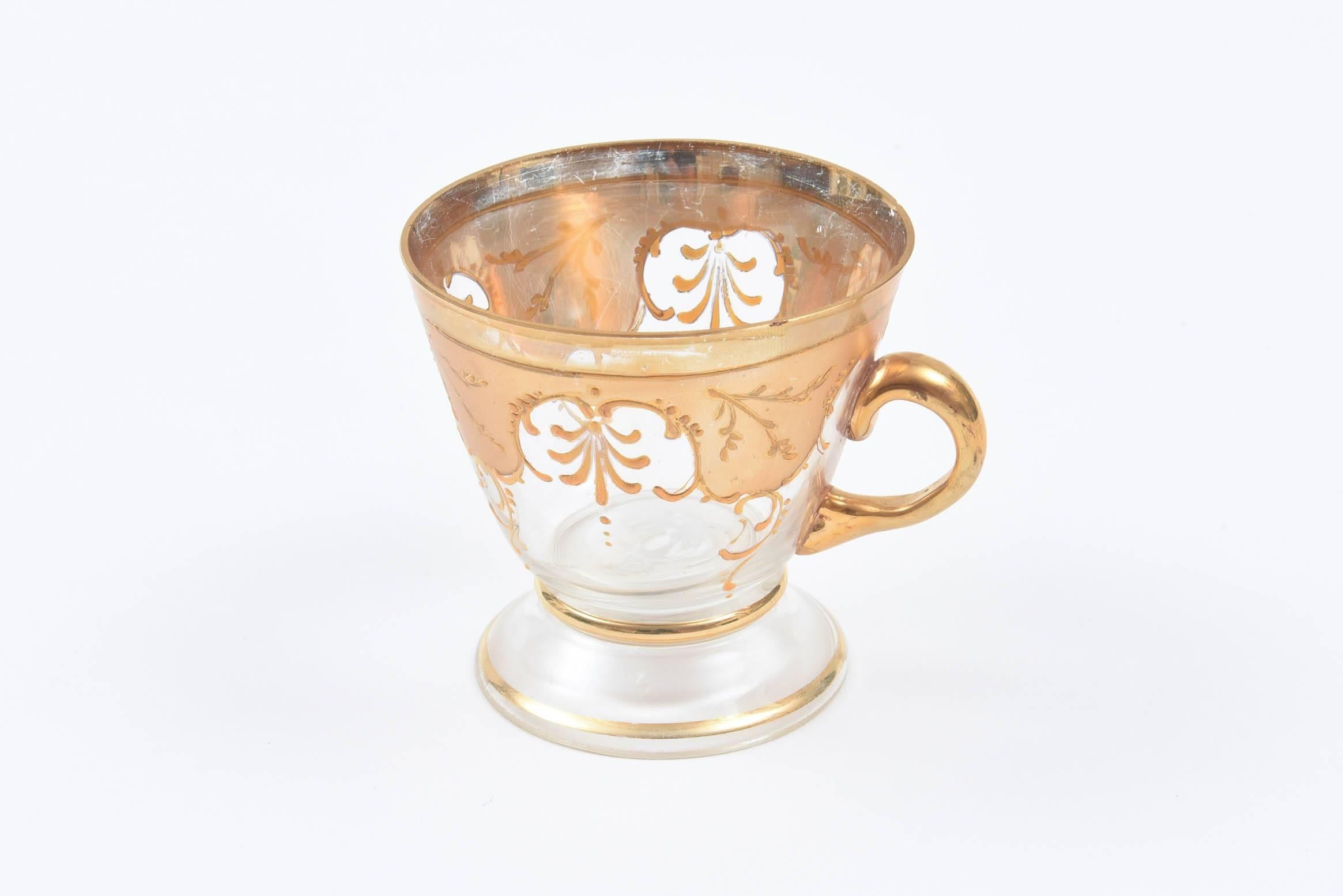 Hand-Crafted Ten Beautiful Gilt Glass Demi Tasse Cups and Saucers. Antique & Great Condition
