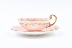 Rare Antique Coalport England Demi Cup & Saucer, Pink Hand Painted Raised Gold