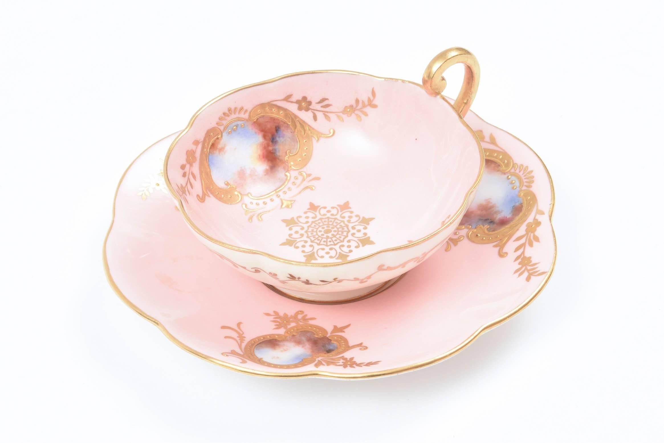 Edwardian Rare Antique Coalport England Demi Cup & Saucer, Pink Hand Painted Raised Gold