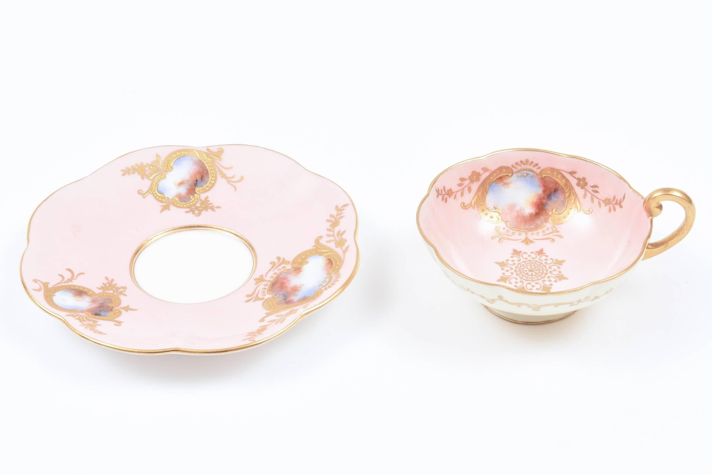British Rare Antique Coalport England Demi Cup & Saucer, Pink Hand Painted Raised Gold