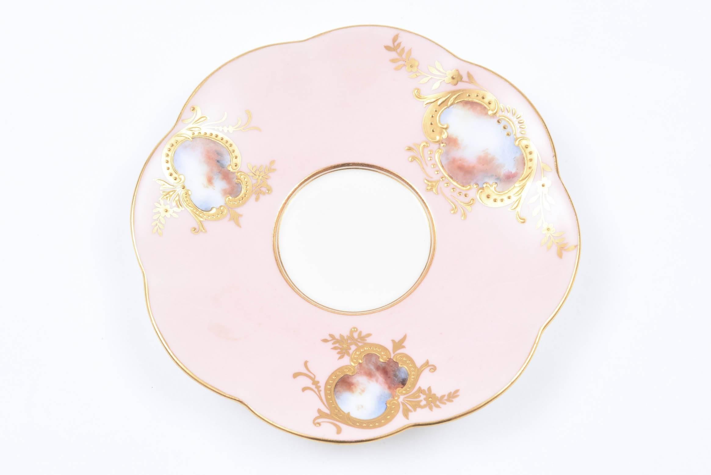 Hand-Crafted Rare Antique Coalport England Demi Cup & Saucer, Pink Hand Painted Raised Gold