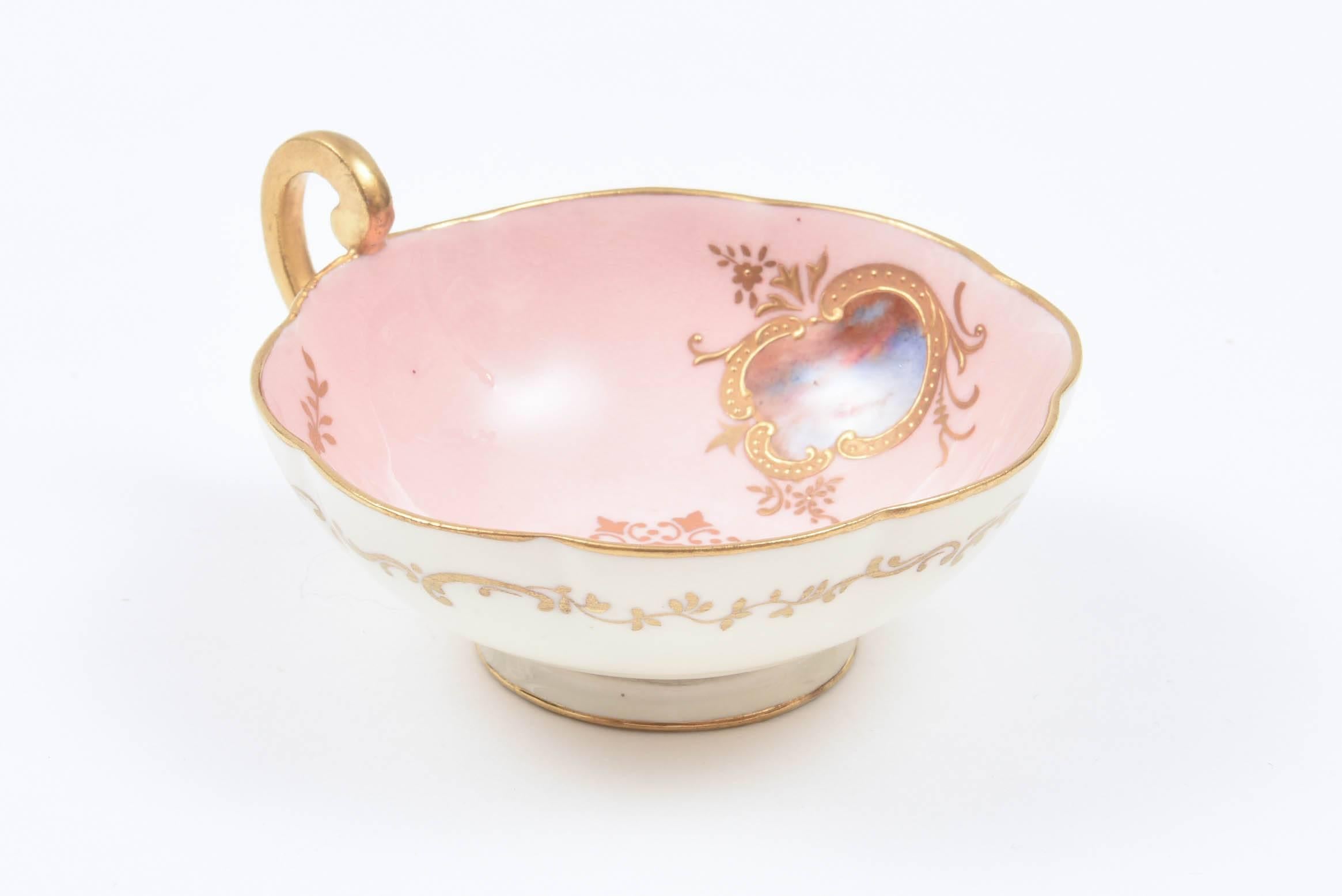 Rare Antique Coalport England Demi Cup & Saucer, Pink Hand Painted Raised Gold In Good Condition In West Palm Beach, FL