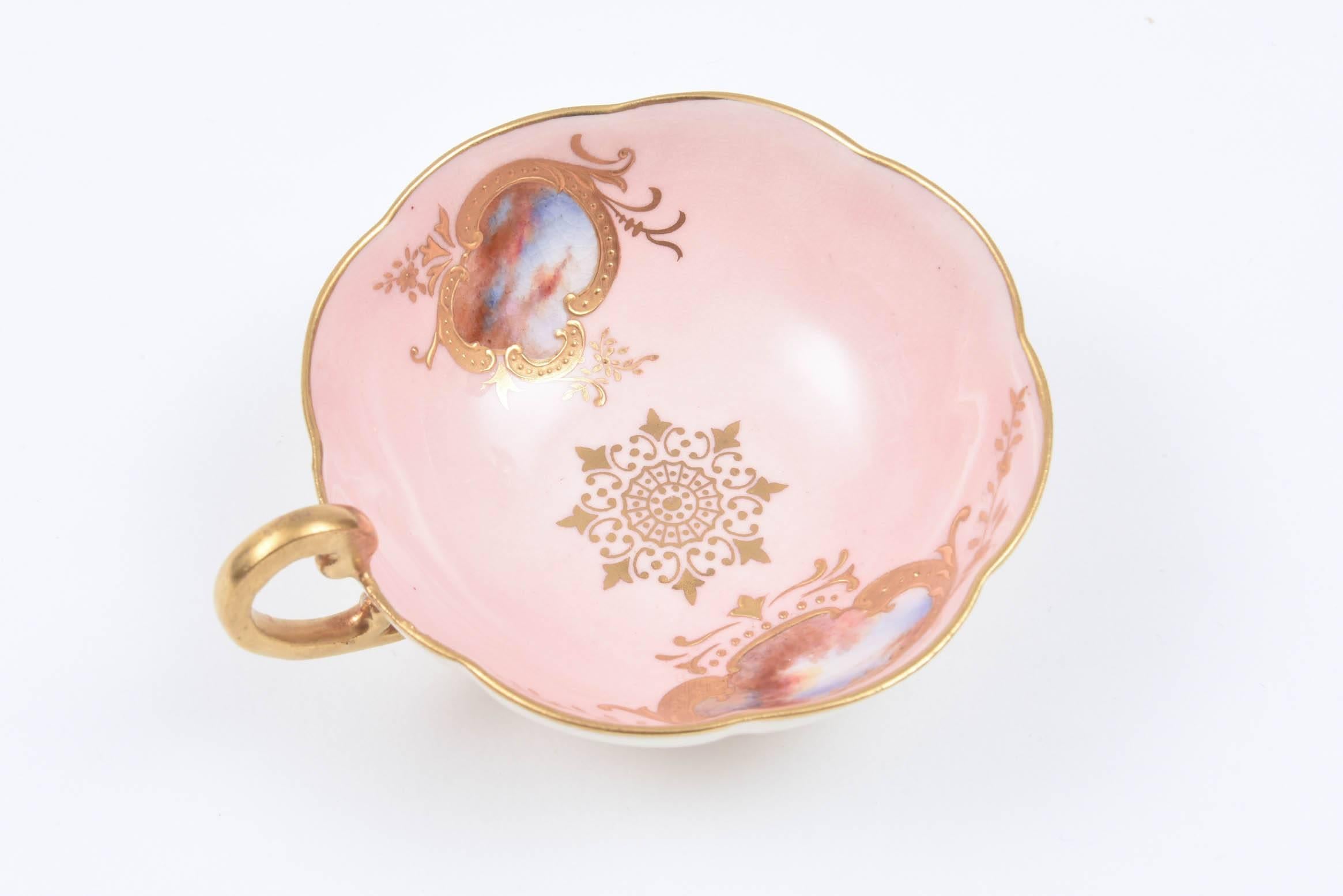 Early 20th Century Rare Antique Coalport England Demi Cup & Saucer, Pink Hand Painted Raised Gold