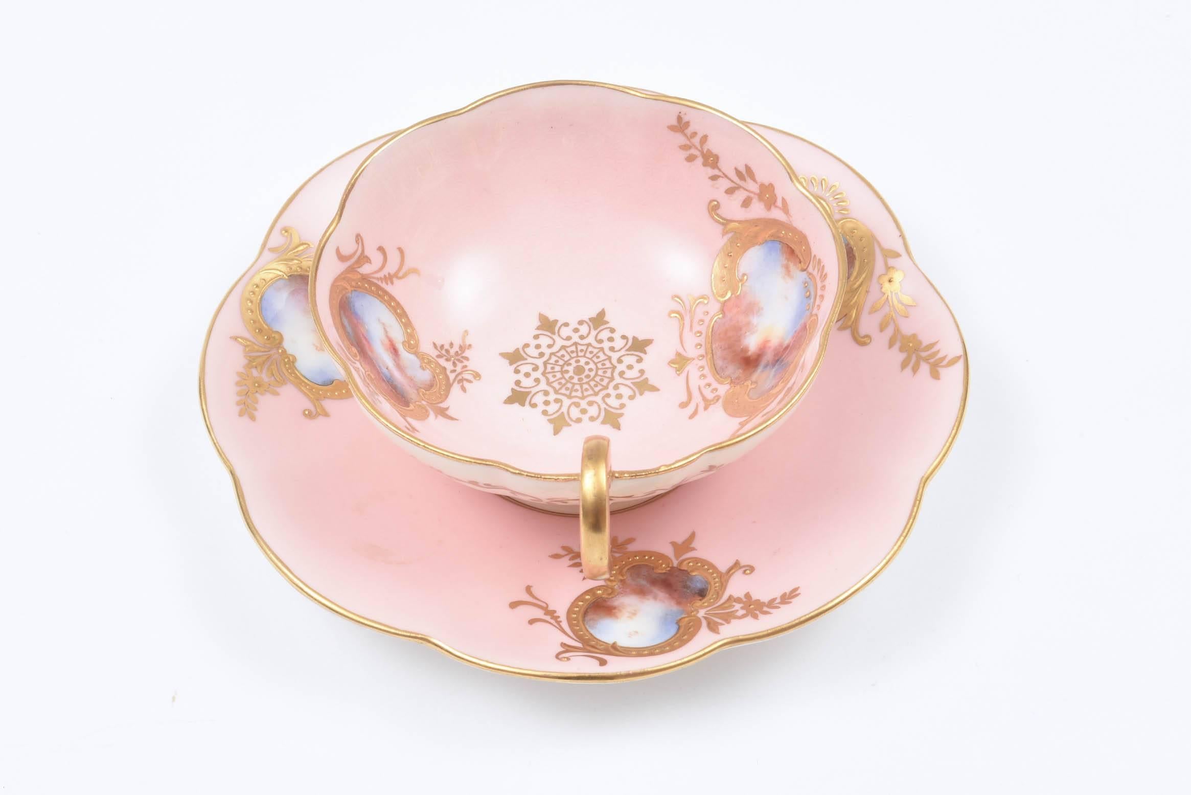 Rare Antique Coalport England Demi Cup & Saucer, Pink Hand Painted Raised Gold 1