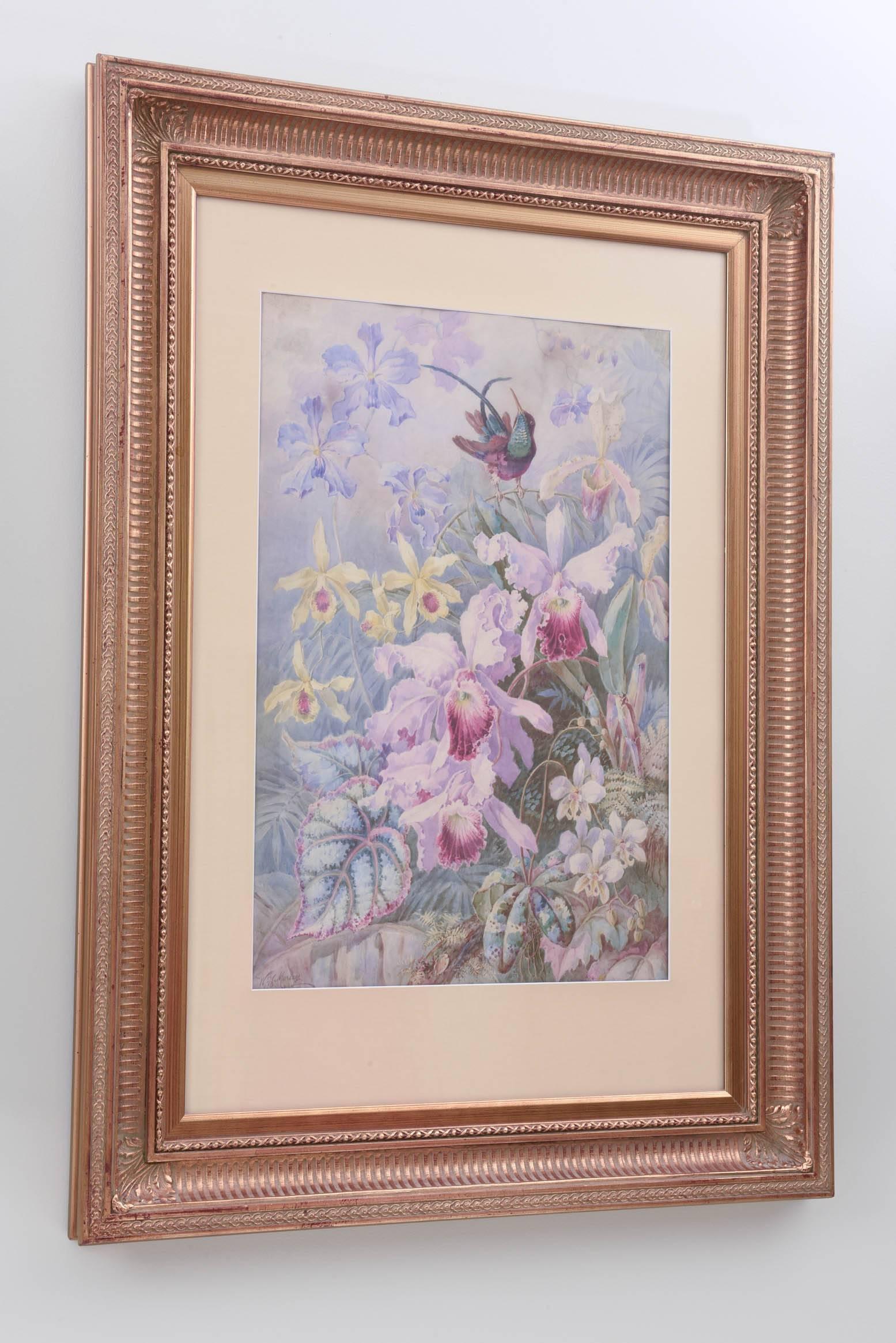 You will not be disappointed in this wonderfully hand painted piece by the world reknown William Morley. Retaining its original Gilded Age frame and in very nice condition. A watercolor of a humming bird nestled amongst its favorite orchids. Lush,