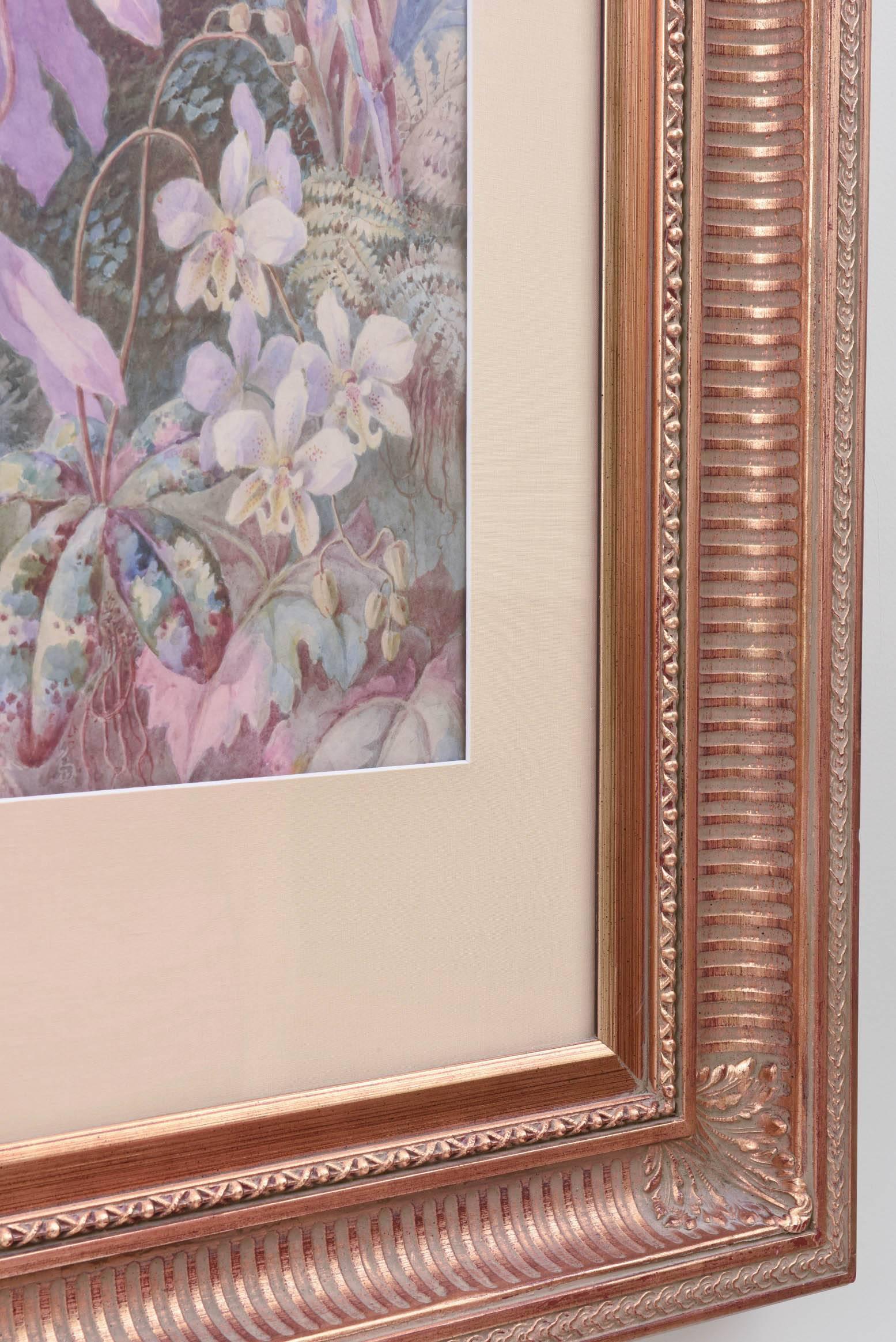 American Exquisite Orchid & Hummingbird Watercolor by William Morley, Antique Oversize For Sale