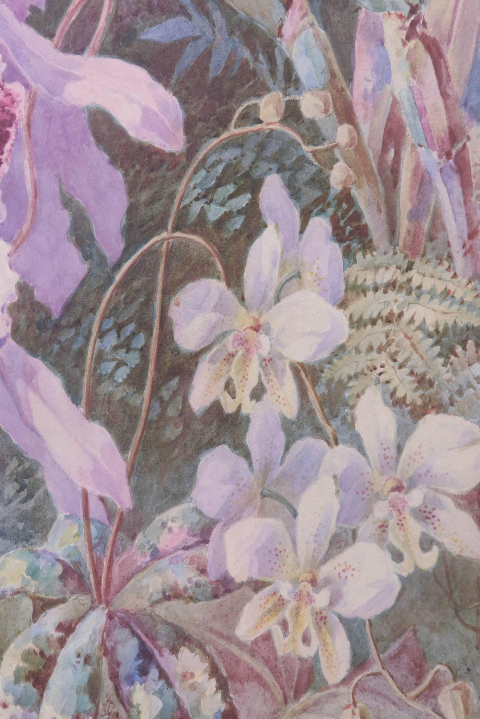 Paint Exquisite Orchid & Hummingbird Watercolor by William Morley, Antique Oversize For Sale