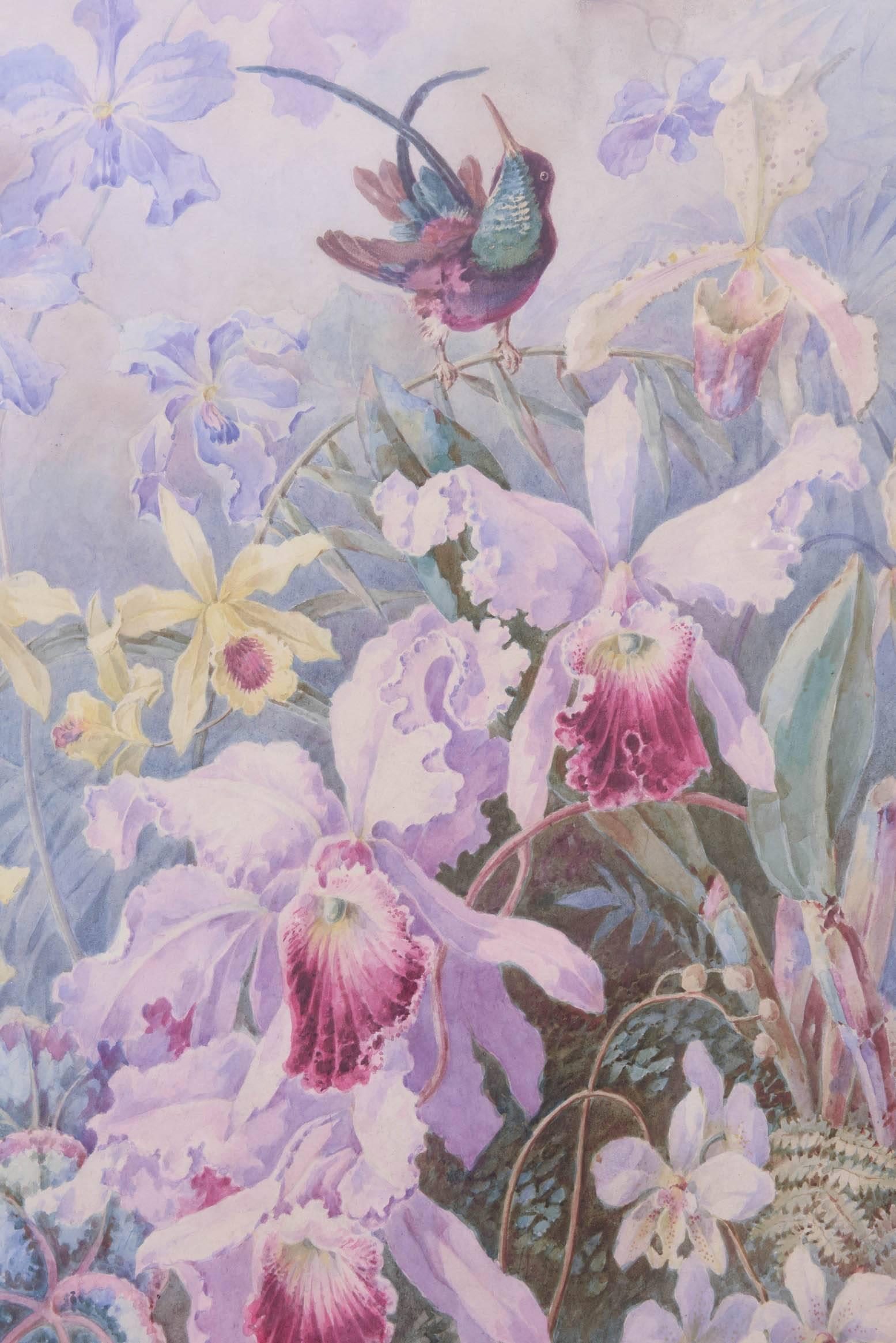 Exquisite Orchid & Hummingbird Watercolor by William Morley, Antique Oversize For Sale 2