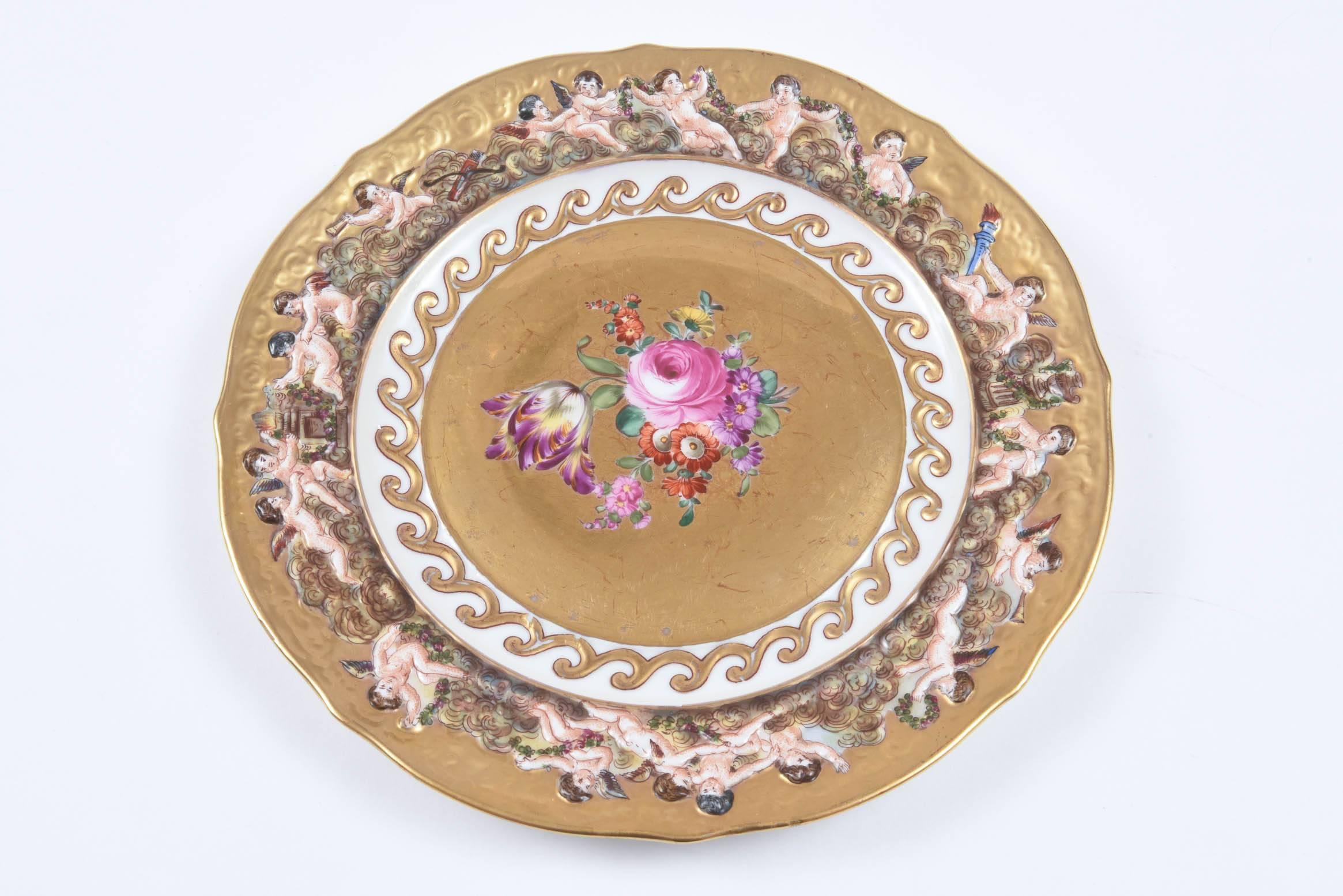 Italian 12 Della Robia Style Plates, Capo Di Monte Hand-Painted on Gold Background