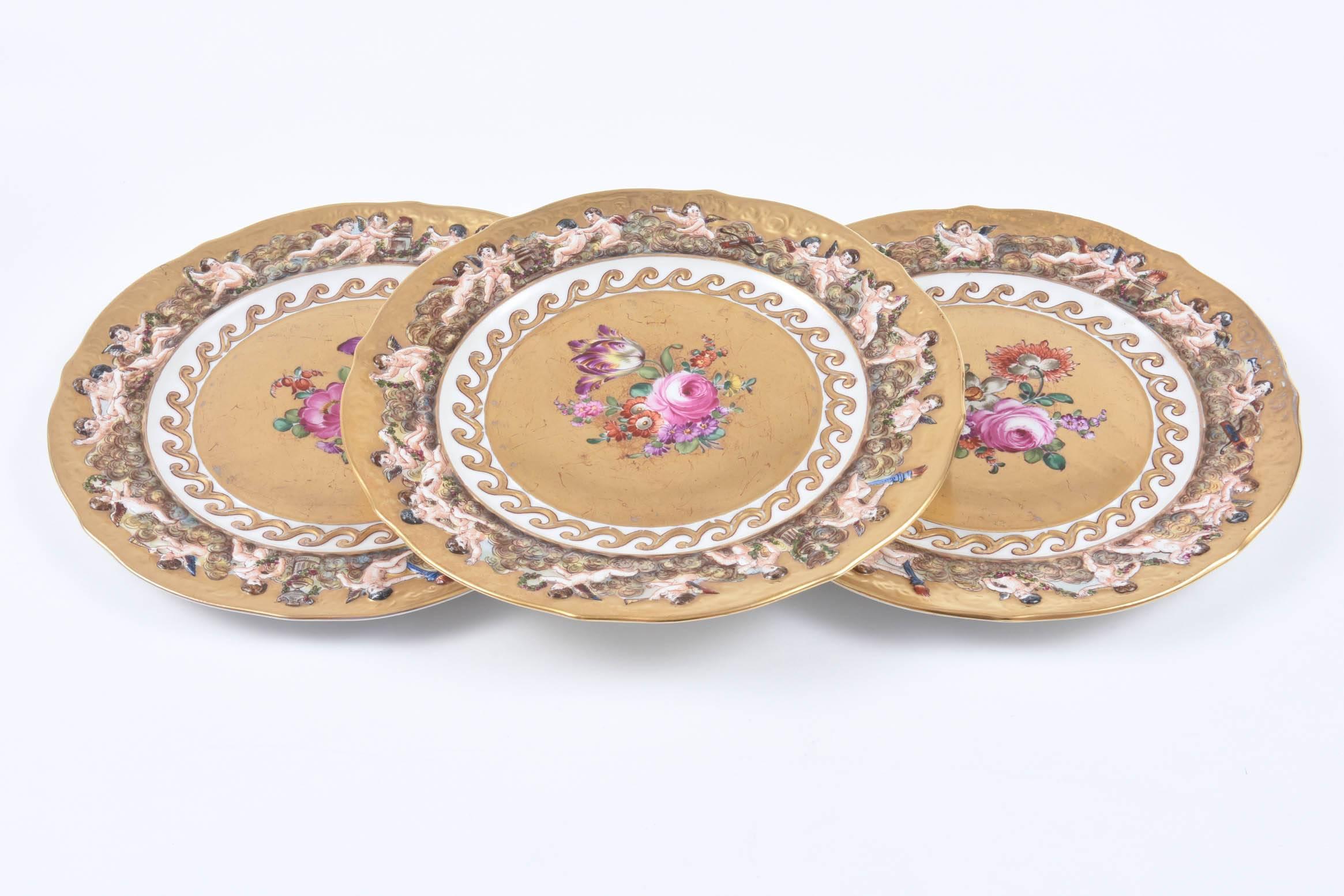 12 Della Robia Style Plates, Capo Di Monte Hand-Painted on Gold Background 1